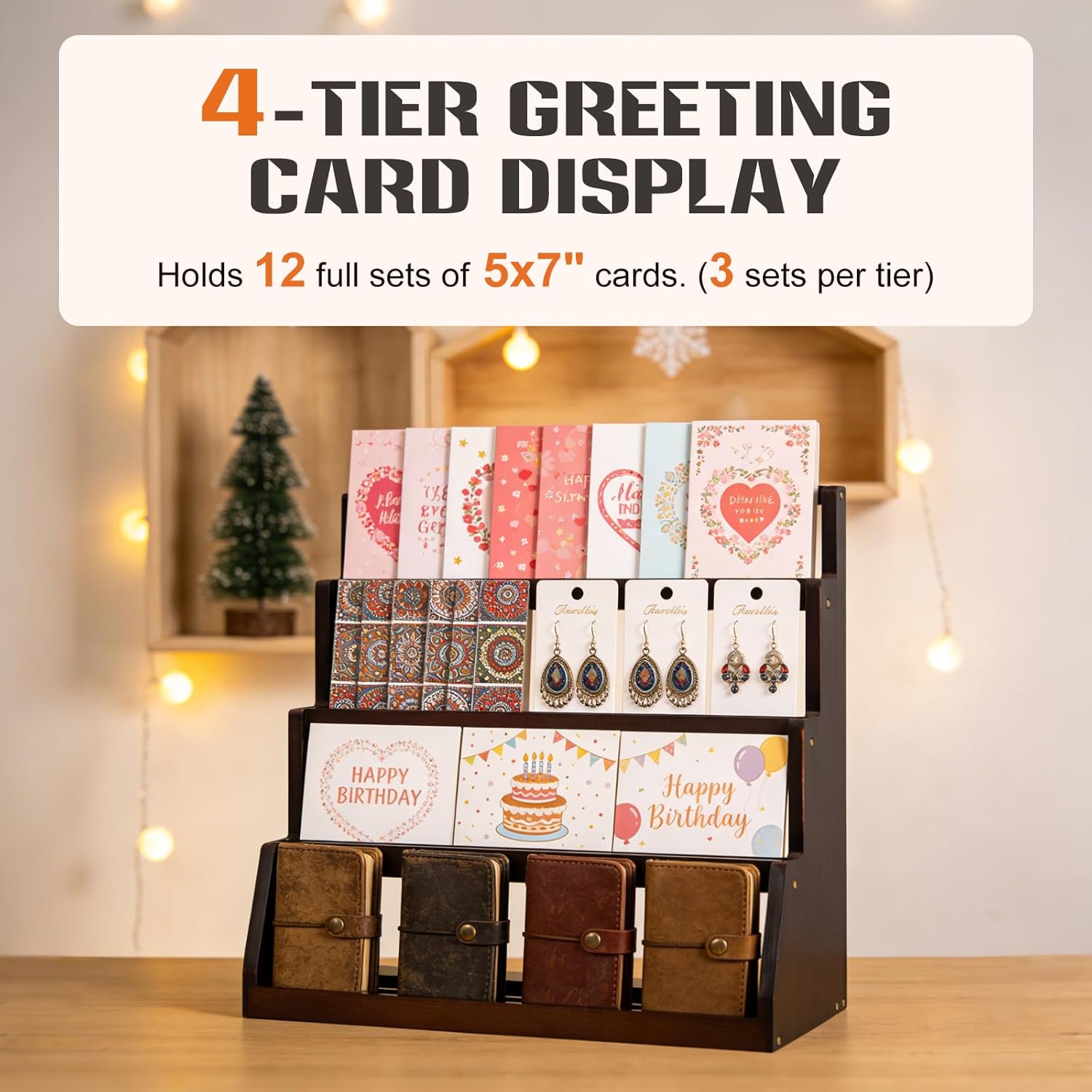 Greeting Card Display Stand - 4-Tier Wooden Countertop Organizer for Craft Shows & Retail | Rustic Postcard Holder, Photos Sticker & Bookmark Display for Vendors