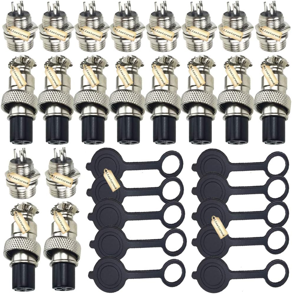 Aviation Connector 3 Pin, Ltsstoreuk 20Pcs GX12 GX12-3 3P 12MM Thread Male Female Wire Panel Metal Connector Plug 5A Circular Aviation Chassis Mount Socket with 10Pcs Aviation Caps