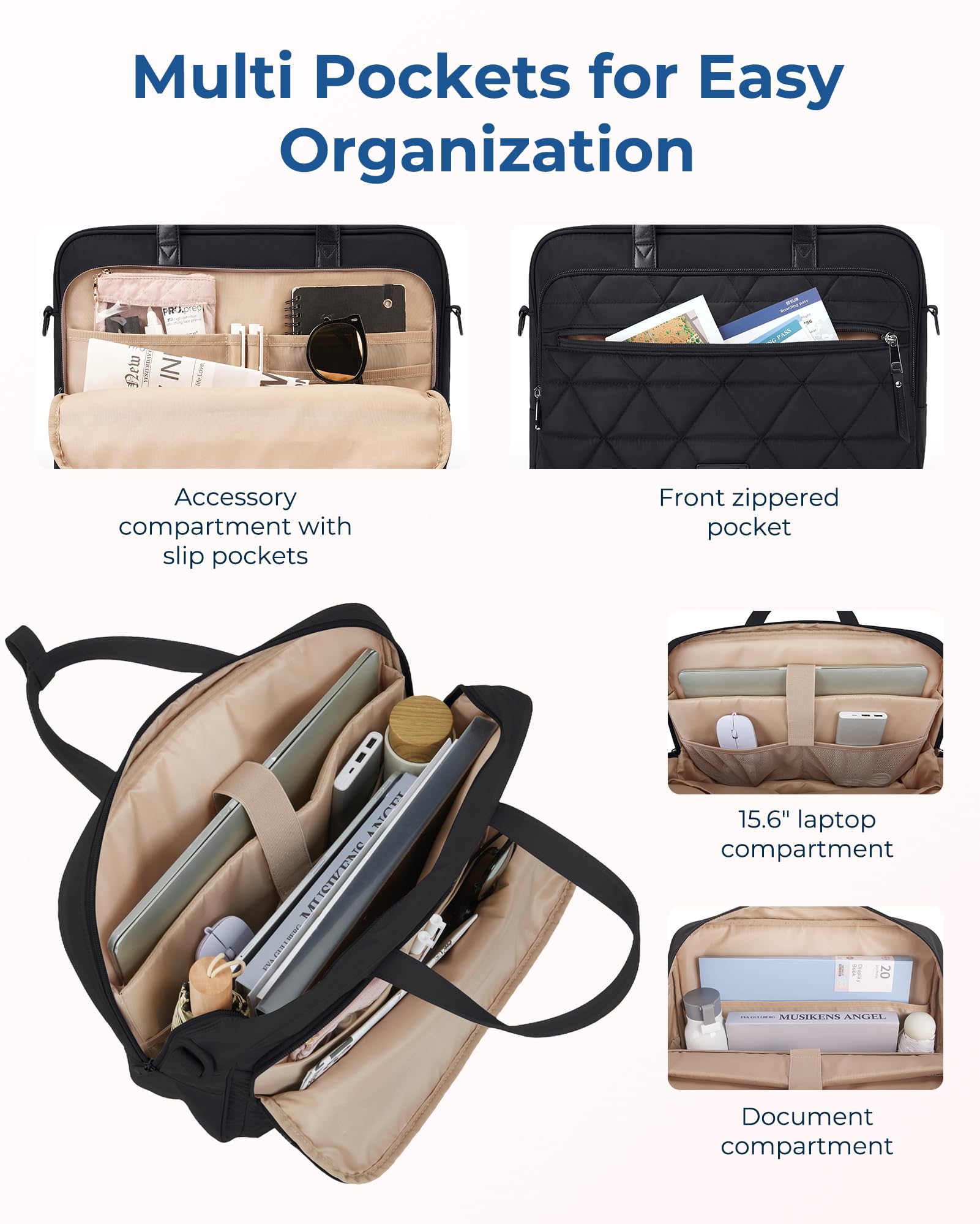 BAGSMART Laptop Bag for Women/Men, 15.6 Inch Briefcase, Stylish Leather Computer Messenger Bag for Office Business, Black