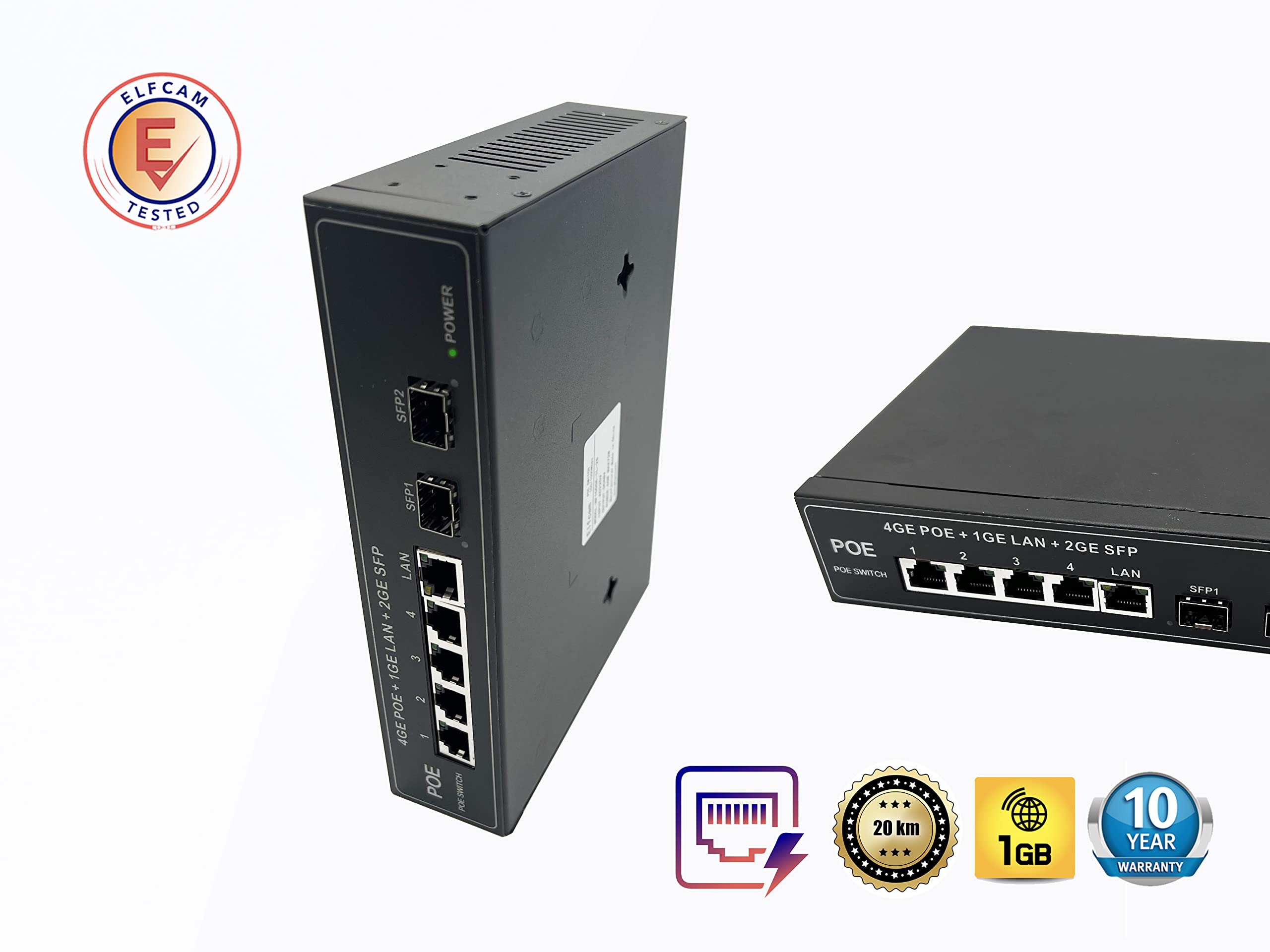 Elfcam® - Conmutador de Fibra óptica PoE con 2 Puertos SFP de 1,25 GB, 4 Puertos PoE Gigabit Ethernet 10/100/1000Mbps, Plug & Play no gestionado (4 Puertos PoE)
