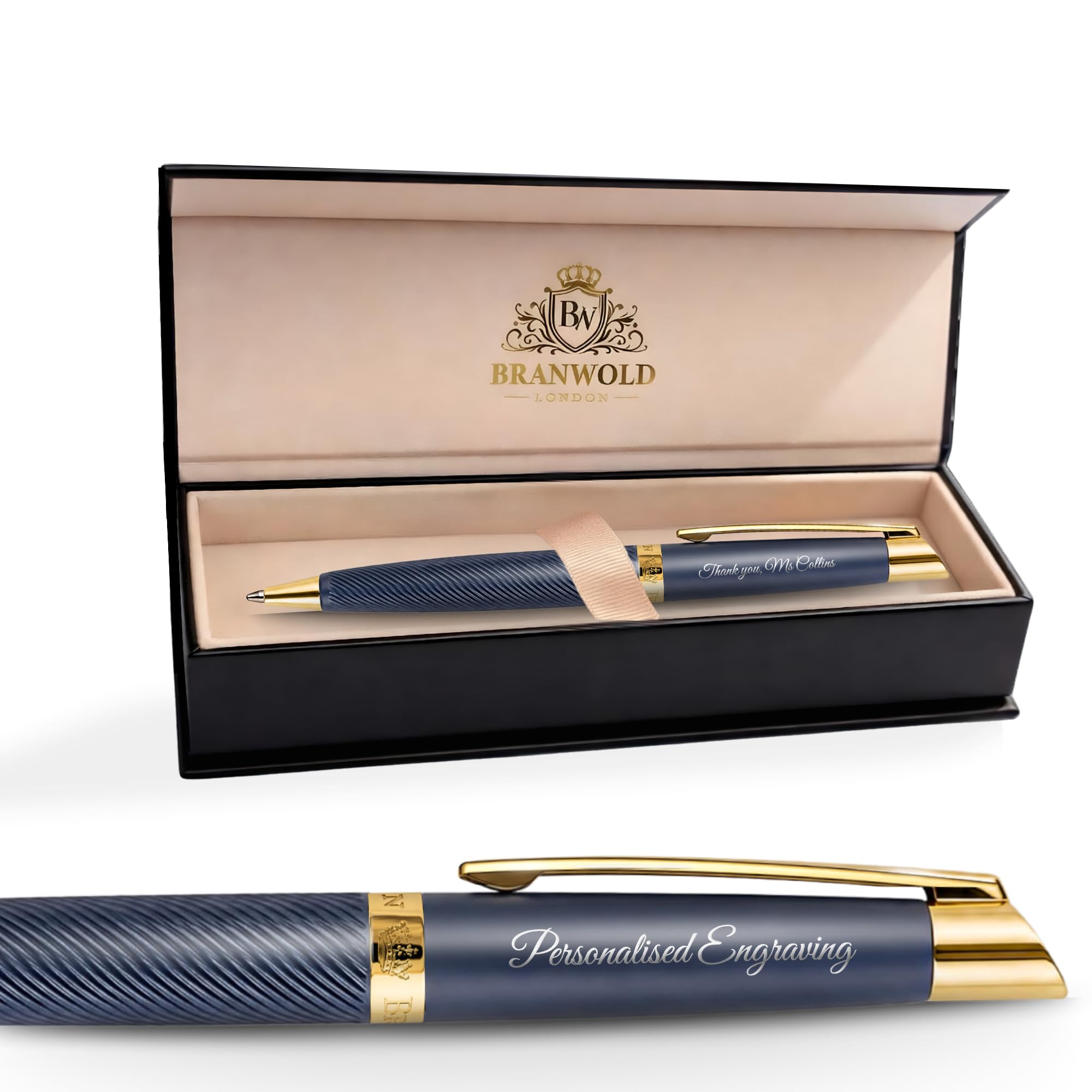 BRANWOLD London Luxury Personalised Engraved Pen Gift Set, Custom Ballpoint Pen with Premium Magnetic Gift Box, Graduation, Retirement & Corporate Gifts (Night Blue/Gold)