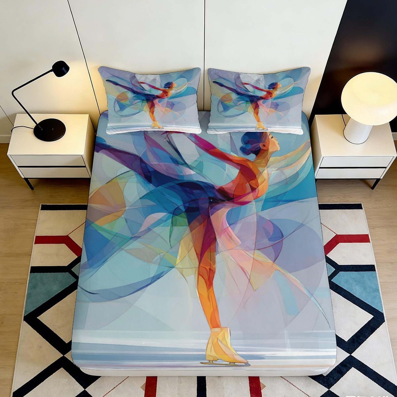 3D Printed Colorful Ballet Dancer Fitted Sheet Microfiber Soft Artistic Ice Skating Bed Cover for Bedroom Dorm Mattress Decor 140x200x25cm