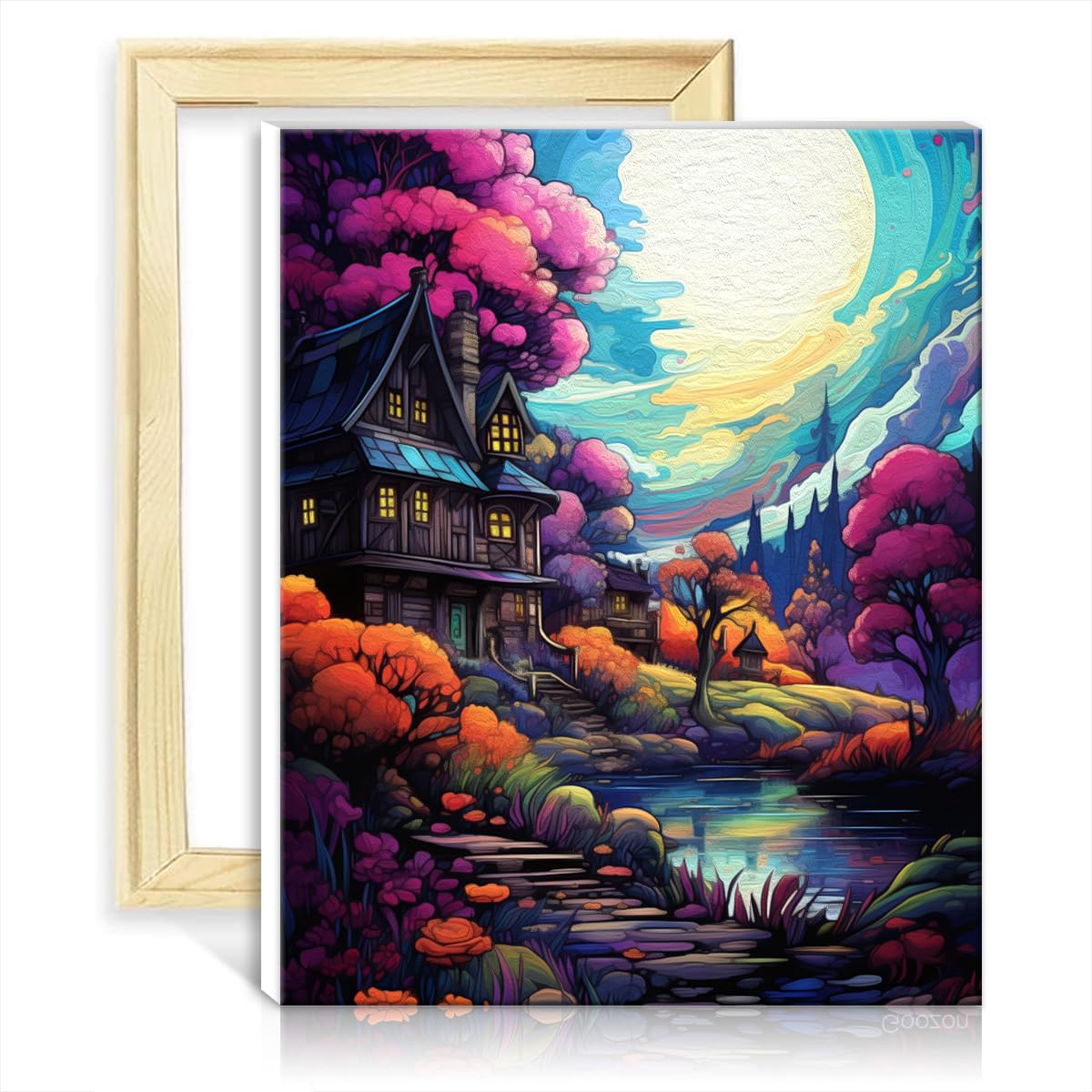 TANGFEIY Paint by Numbers Brushes Kits Hut Under Wonders Canvas Oil Painting Kit Kids with Brushes and Acrylic Pigment House Art Deco Crafts with Frame(30x40cm)