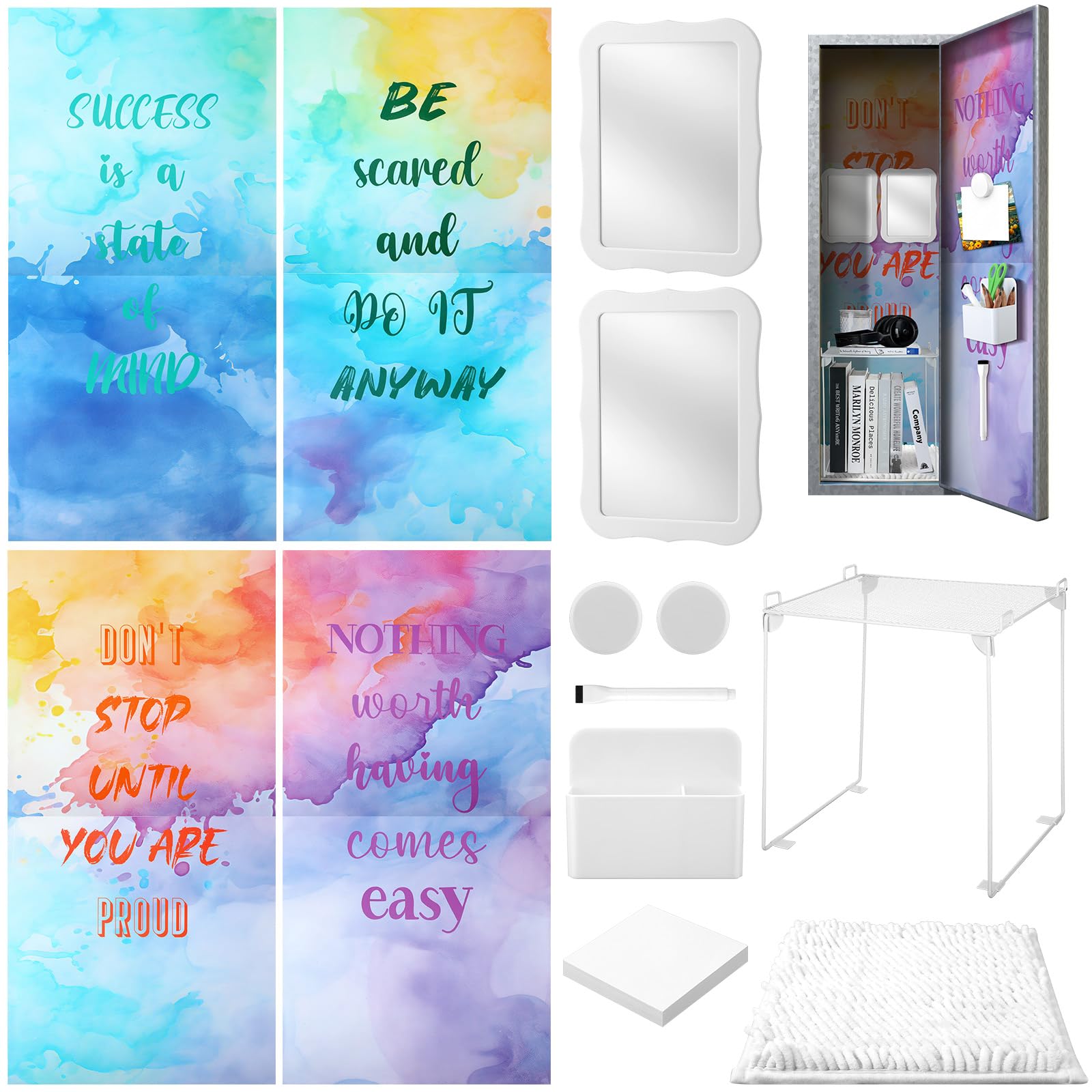 Colarr 17 Pcs Locker Organizer and Decorating Kit Back to School Essentials Include Magnetic Locker Wallpaper Locker Shelf Pencil Holder with Marker Mirror Rug Sticky Note (White,Watercolor Style)