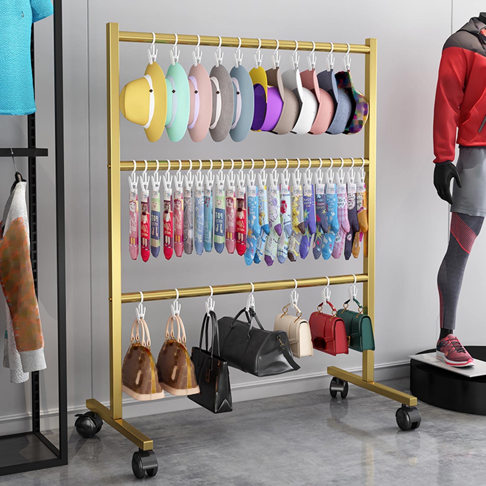 YNBSHGAA Freestanding Hat Rack Stand Retail Display Rack, Floor Standing Mobile Merchandising Rack, Multifunctional Garment Rack Pants Hanger Towel Storage Station, Underwear disp,Gold