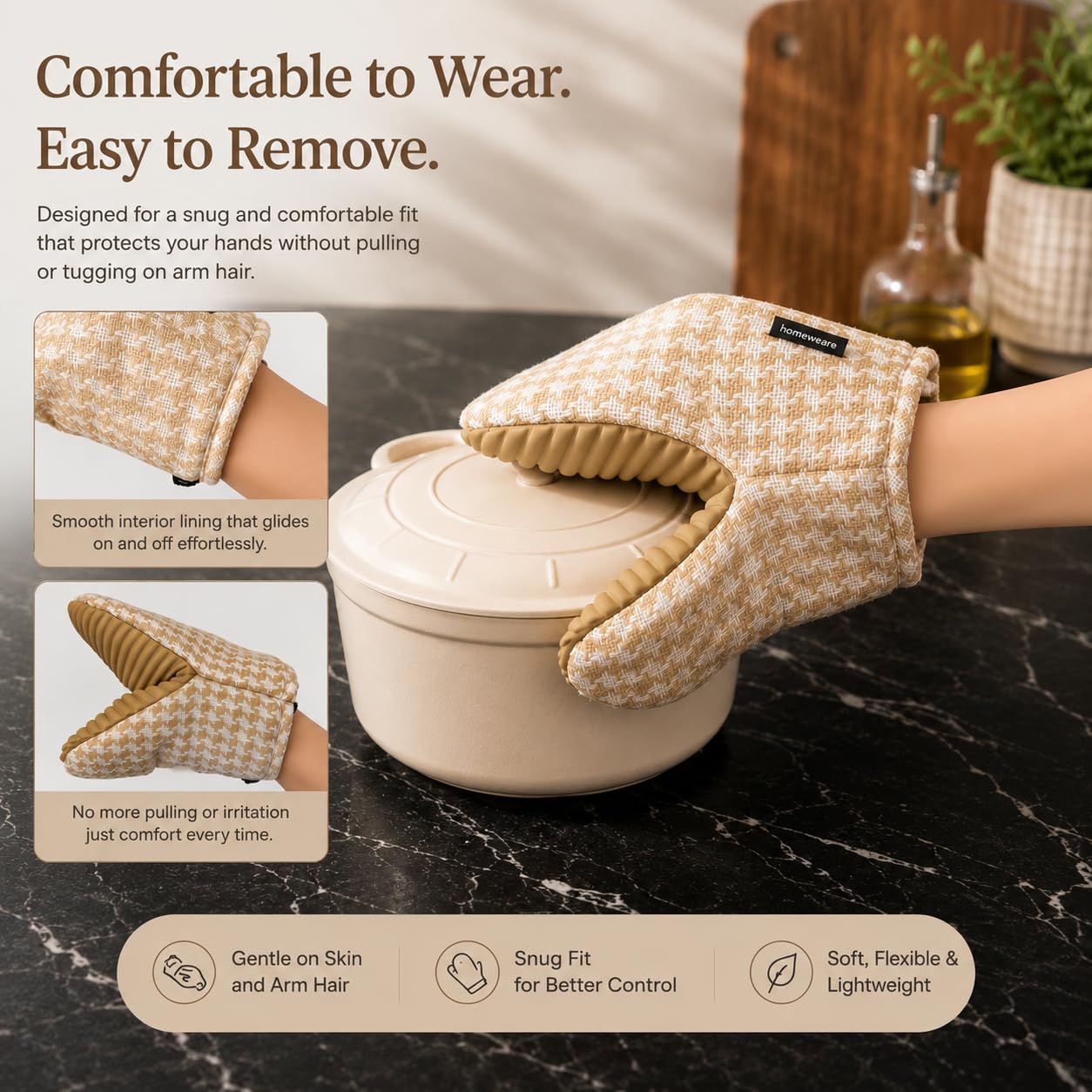 Houndstooth - Juego de 2 manoplas de silicona para horno, resistentes al calor, antideslizantes, almohadillas calientes acolchadas para cocinar y hornear, naturales, 5.5 x 7 pulgadas, uso