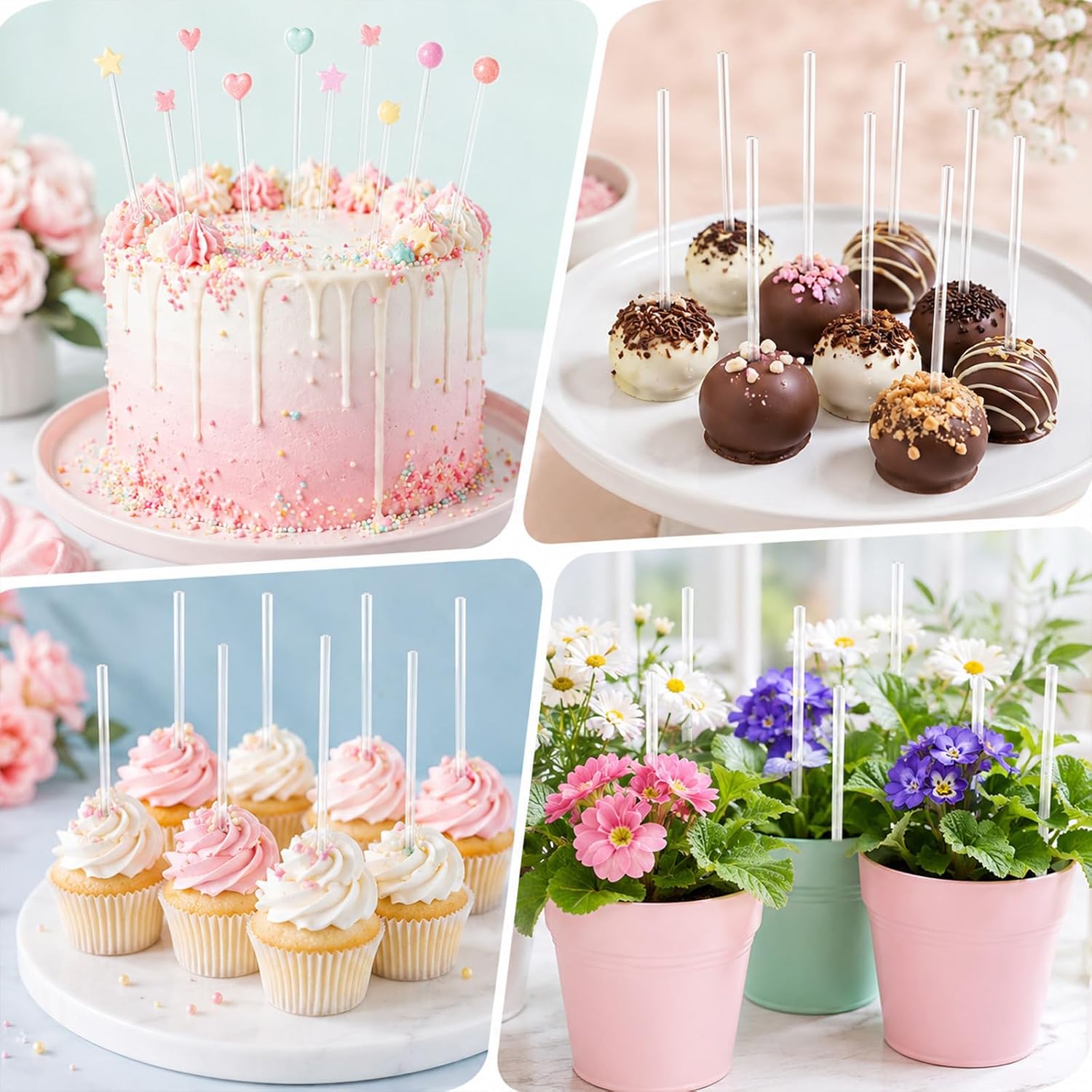 120 Pcs Acrylic Sticks, 8 Inch, 2mm Cake Topper Clear Sticks Lollipop Rods Round Strip Stick Reusable Plant Stakes for Party DIY Crafts Decorations Gardening Flowers