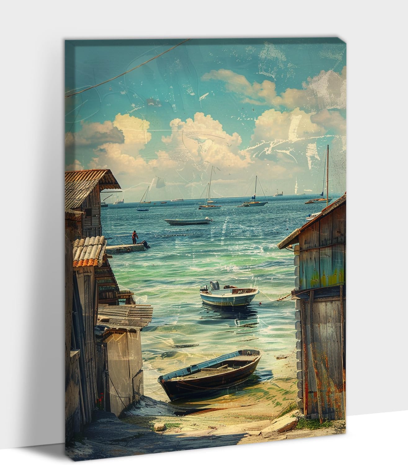 KVTM Bathroom Canvas Wall Art, Nautical Boat on Beach Canvas Pictures Blue Beach Ocean Landscape Paintings Canvas Art Prints Wall Decor, Modern