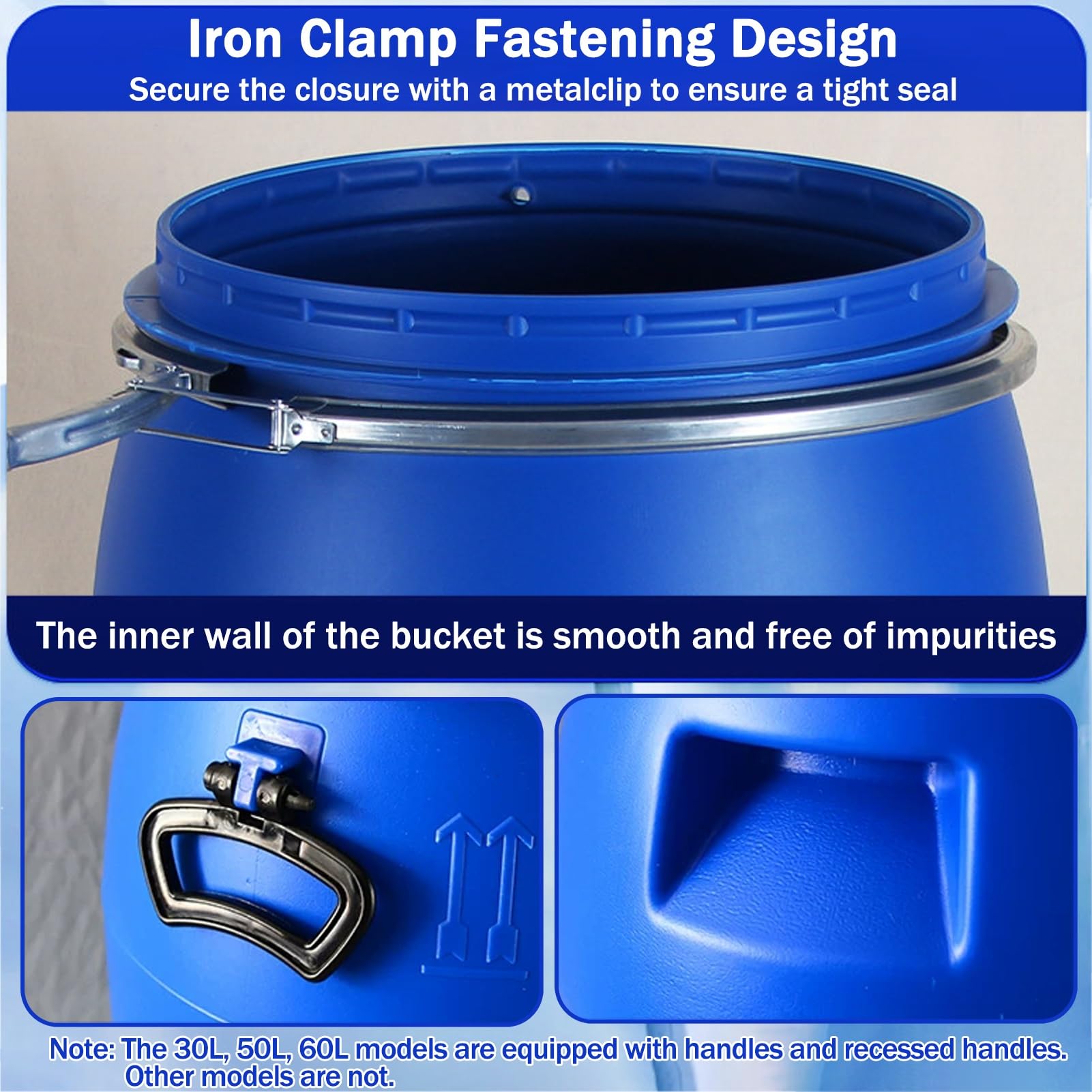 Tonneau plastique bleu avec couvercle, bidon eau anneau de loquet de fût de tambour à dessus ouvert for l'expédition et le stockage industriel, bac d'alimentation for baril de pluie(50L)