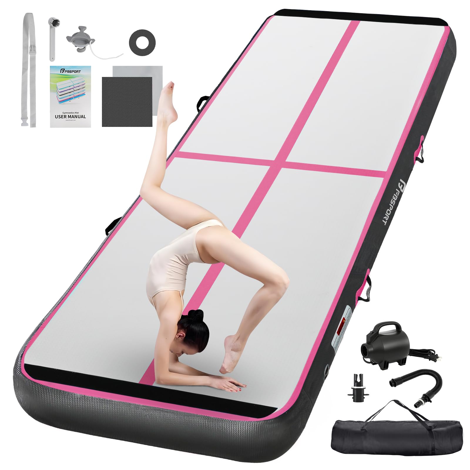 FBSPORT Airtrack Matte,10/20cm Hoch Verdicken 2/3/4/5/6/ M Tumbling Matte,Gymnastikmatte mit Luftpumpe,Trainingsmatte mit Tragetasche,Turnmatte für Zuhause, Outdoor,Yoga, Übungsgymnastik usw