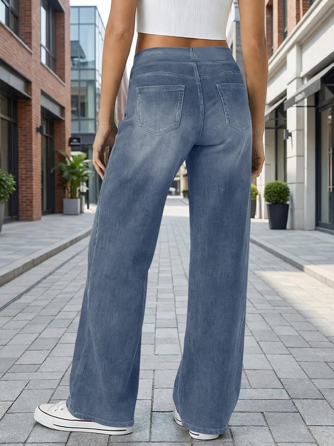 Fisoew Womens Baggy Wide Leg Jeans High Waisted Pull On Straight Leg Stretchy Jeans Boyfriend Denim Pants