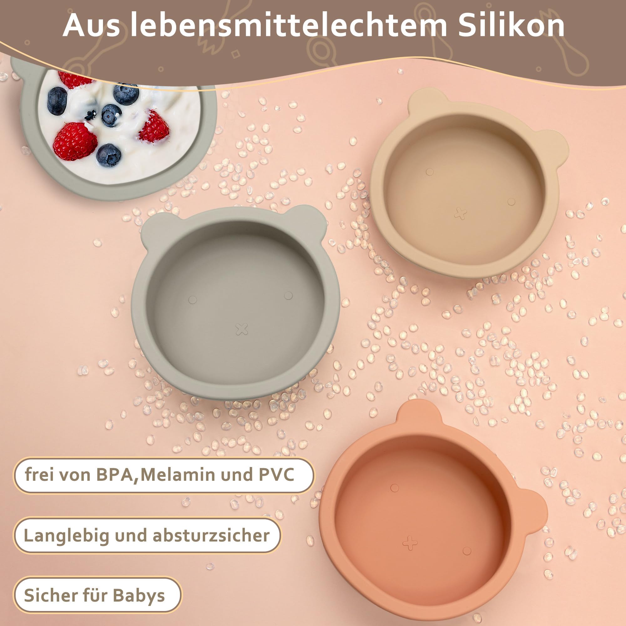 Lot de 3 bols en silicone pour bébé avec ventouse - Antidérapants - Avec aspiration - Passent au micro-ondes - Pour bébé - Sans BPA - Pour enfants et tout-petits, TW-8497