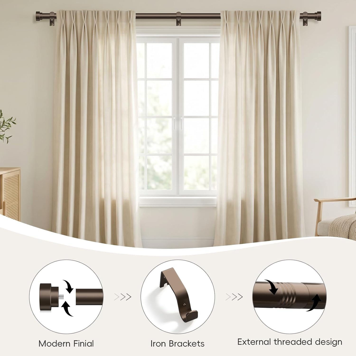 2 Pack Bronze Curtain Rods for Windows 48 to 84 Inch (4-7ft),1 Inch Diameter Heavy Duty Curtain Rod,Adjustable Modern Decorative Drapery Rods 30"-84",Brown