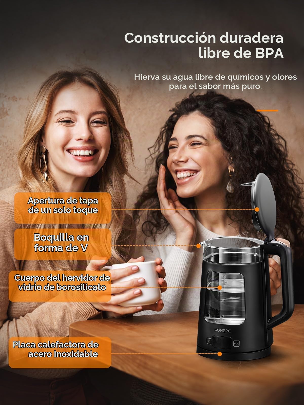 Hervidores Eléctrico, Hervidor de Vidrio de 1.7L con Mantenimiento del Calor, 5 Controles de Temperatura, Ebullición Rápida de 2200W, Apagado Automático y Protección Contra el Hervido en Seco, Negro