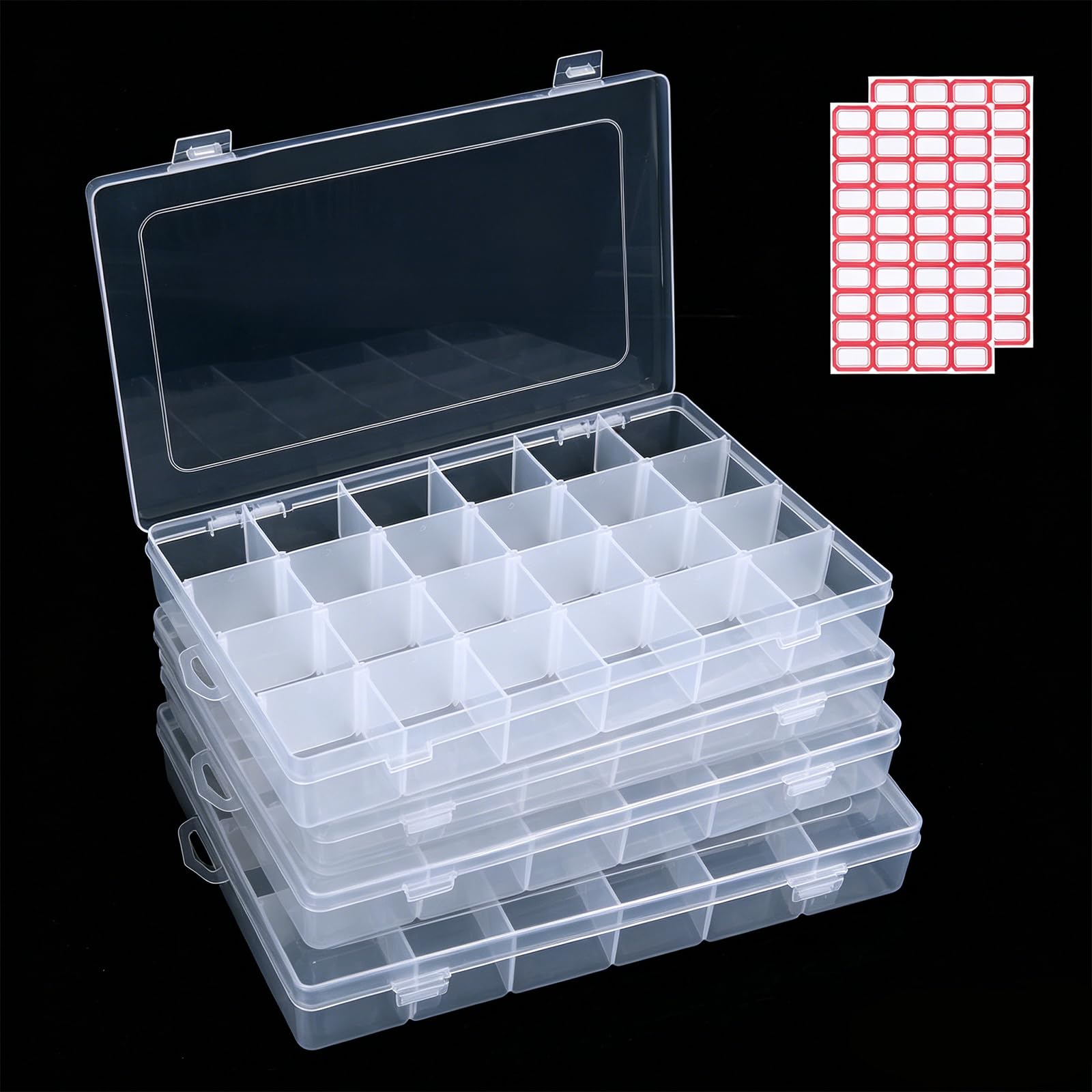 Confezione da 4 scatole organizer per perline in plastica trasparente con divisori regolabili, contenitore per perline con etichette, scatola per bottoni, organizer per artigianato
