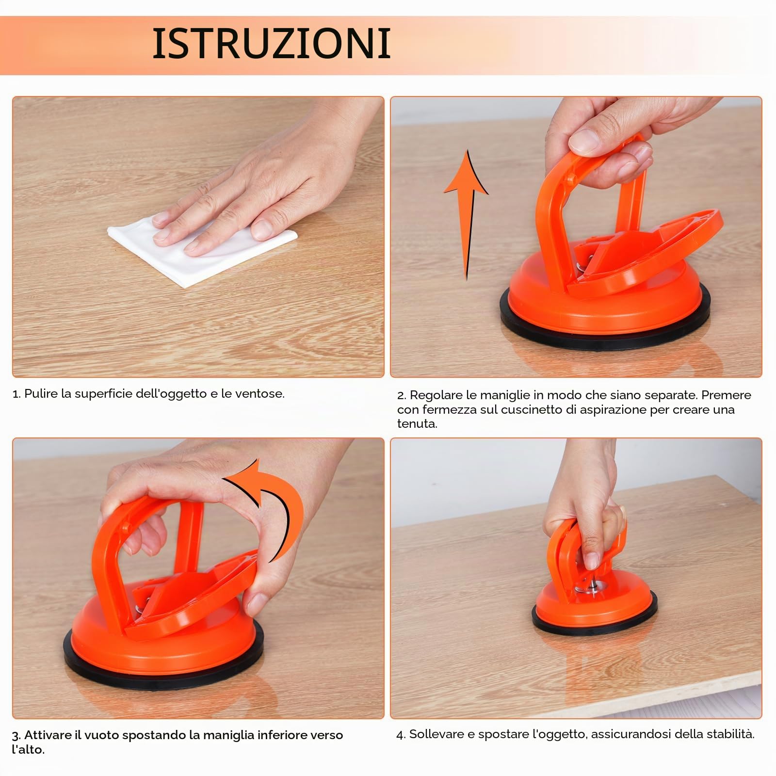 2x Ventosa per Vetro, Sollevatore a Ventosa con Capacità di Sollevamento 50kg, Diametro 11.8 cm per il Trasporto di Piastrelle, Laminato, Vetro, Marmo, arancione
