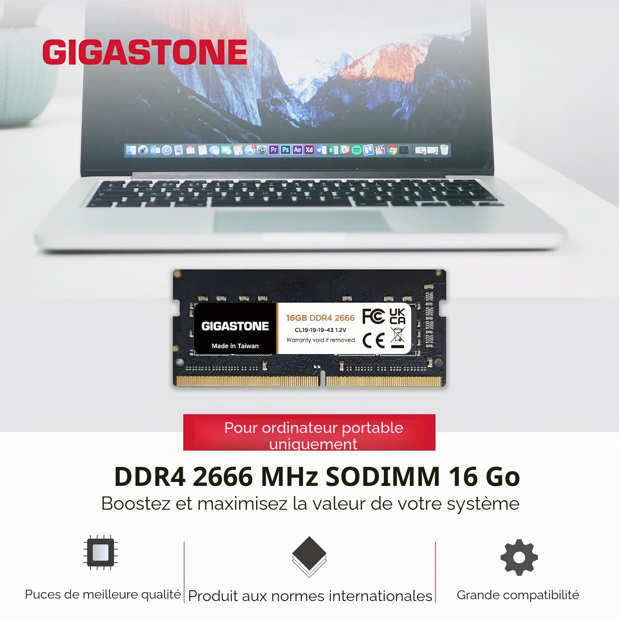 【DDR4 RAM Mise à Niveau pour Portable】 GIGASTONE 32Go Kit(2x16Go) DDR4 2666MHz(2400MHz Or 2133MHz) PC4-21300(PC4-19200/17000) CL19 1.2V SODIMM 260pin UnbuffeRouge Non ECC Mémoire Haute Performance