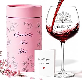 50th Birthday Gifts for Women – Chapter 50 Wine Glass Gift for Her, Elegant Stemmed Wine Glass with Gift Box & Card, Unique Birthday Gifts for Mom Wife Sister Aunt, 50 Year Old Birthday Decorations