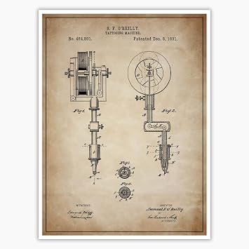 SnooozeWorks Tattoo Machine Patent Poster - Premium Patent Decor, Unframed (Antique Parchment, 12x18)