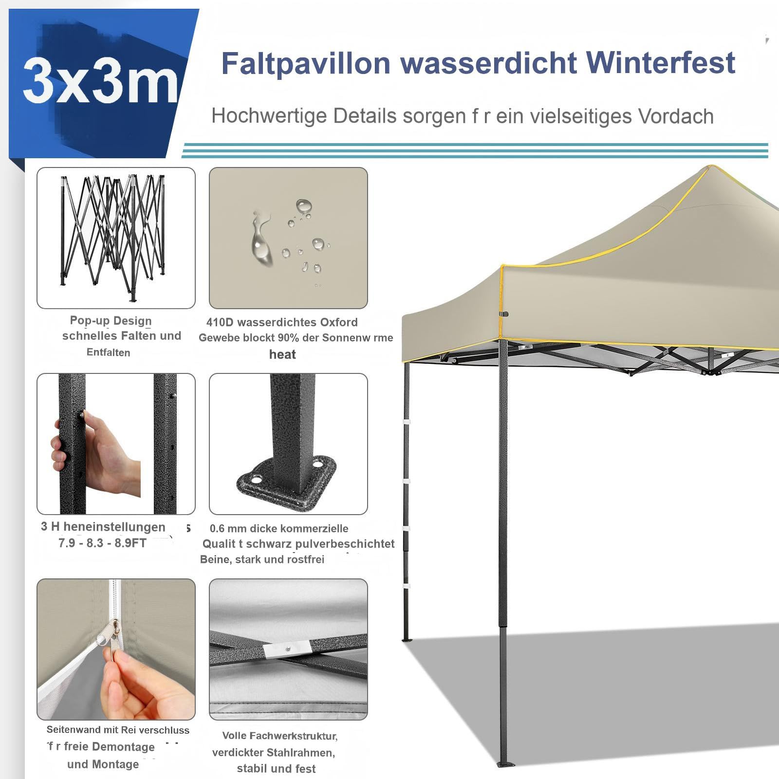 COBIZI Faltpavillon Pavillon 3x3 Pop Up Pavillon mit 6 abnehmbaren Seitenwände, Partyzelt Faltbar, Faltzelt 3x3 Wasserdicht stabil, Sonnenschutz Gartenpavillon, UV Schutz 50+, Khaki