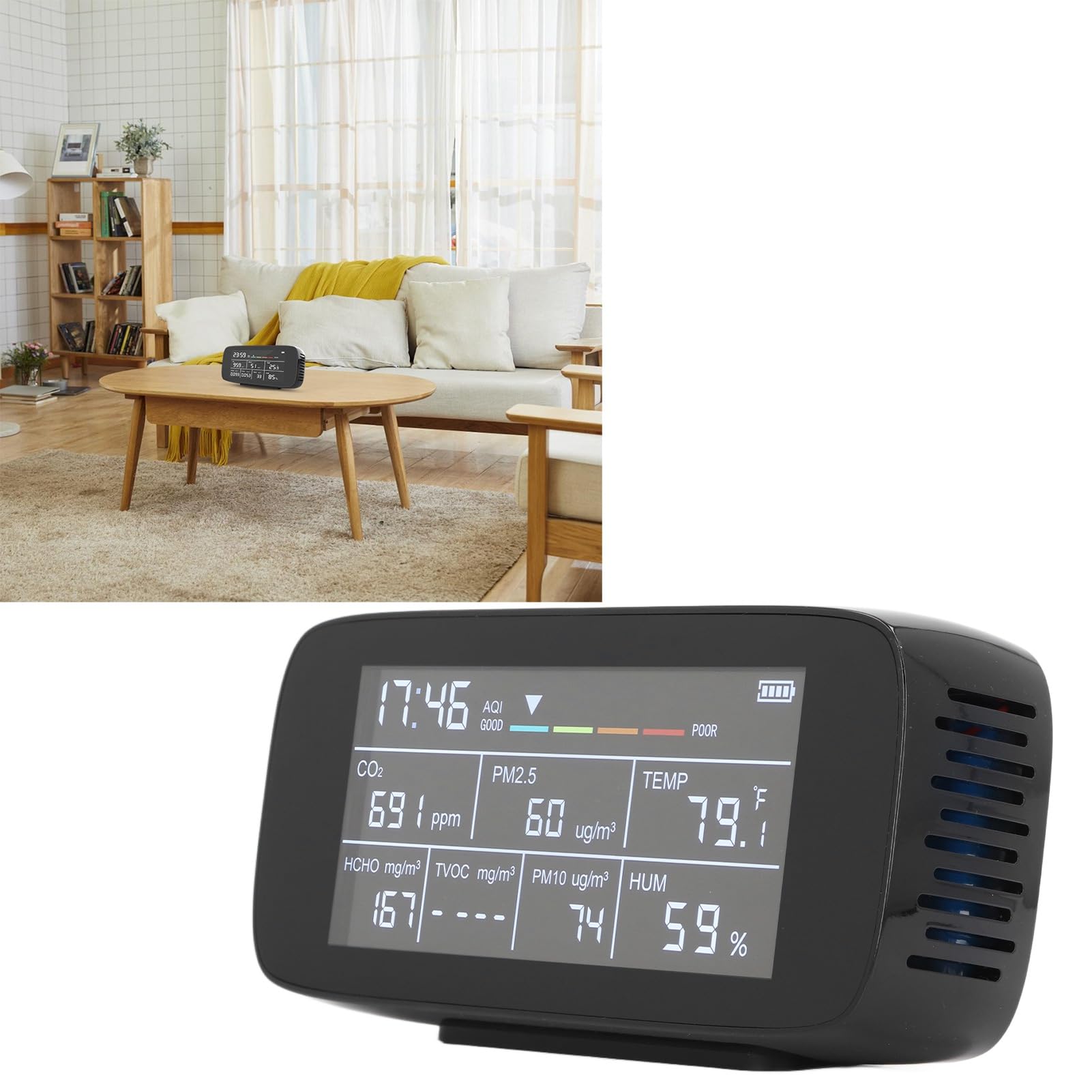 Miernik Jakości Powietrza w Pomieszczeniu, Monitor Jakości Powietrza PM2,5, PM10, CO2, TVOC, Wyświetlacz Czasu Tester Powietrza w Pomieszczeniu z Ekranem LCD do Użytku Domowego,