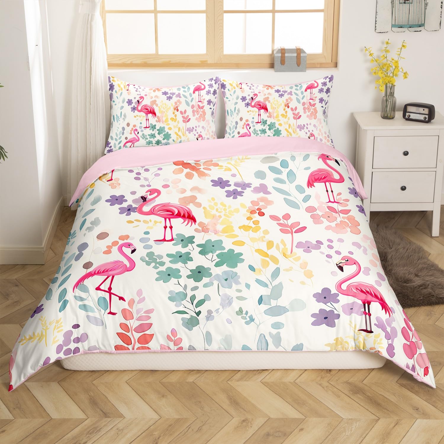 Homewish - Funda nórdica infantil flamenco rosa Kawaii, juego de cama de 140 x 200 cm, estampado flamenco, juego de fundas nórdicas florales de acuarela y cubre cama animales salvajes