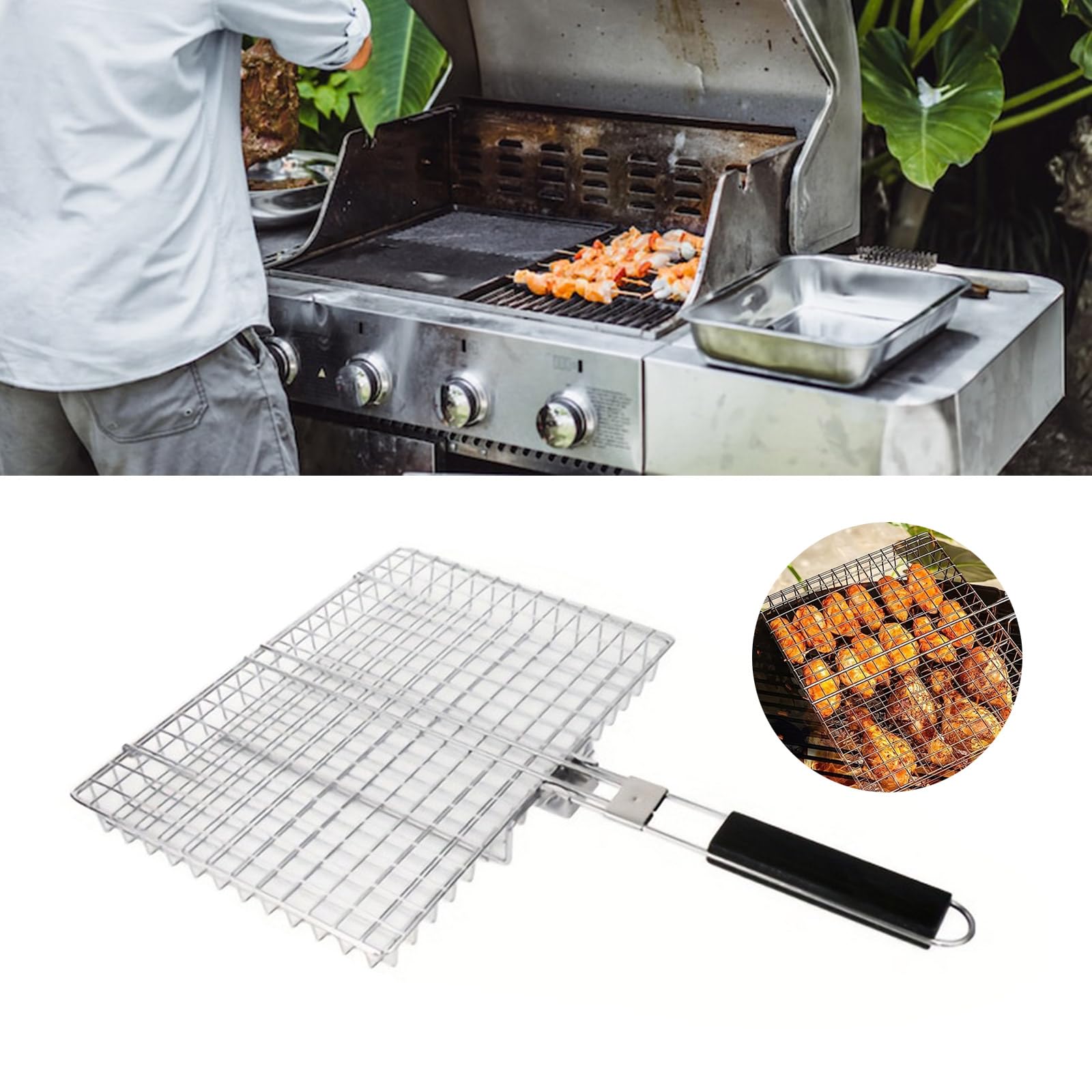 Pratico Acciaio Antiruggine Barbecue Griglie Basket 32 cm Con Manico Staccabile Grigliare Strumento Per Pesce Verdure Carne Acciaio Antiruggine Bbq Mesh Basket