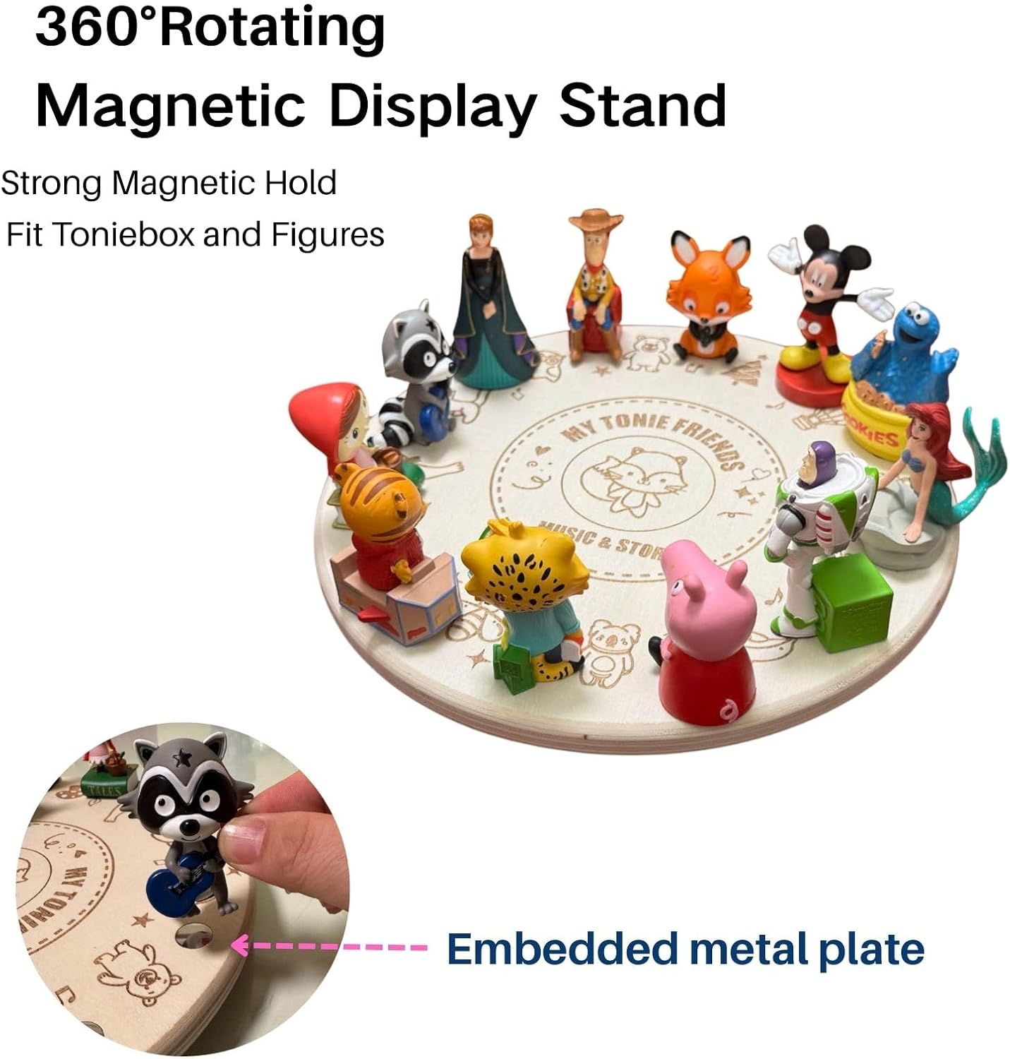 Rotating Magnetic Wooden Display Stand for Tonies storage, 360° Round Turntable for TonieBox Organizer,Tonies Shelf Compatible with Toniebox 1 & 2 In Kids Room (standard)