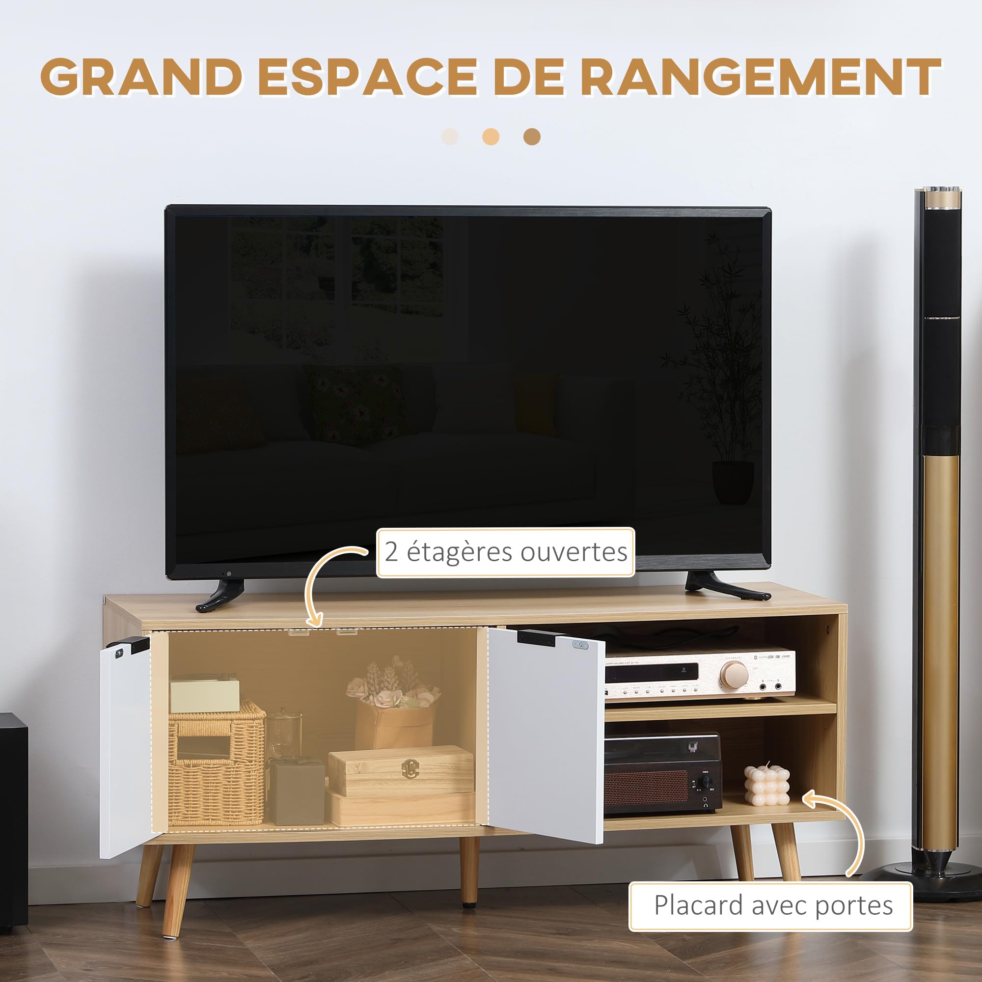 HOMCOM Meuble TV Banc Scandinave jusqu'à 46 Pouces 110L x 39l x 48,8H cm | 2 Portes, 2 Niches, Avec Passe-Câbles, Salon, Chambre