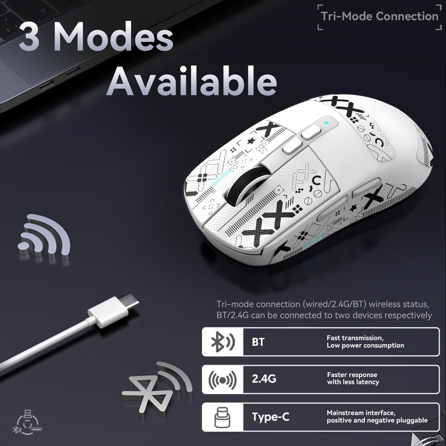 Mysz SUPERLIGHT ATTACK SHARK X6 49 g z magnetyczną stacją ładującą, czujnik do gier PixArt PAW3395, bezprzewodowa/przewodowa mysz do gier BT/2.4G z taśmą, 26000 DPI, myszy z (białe)