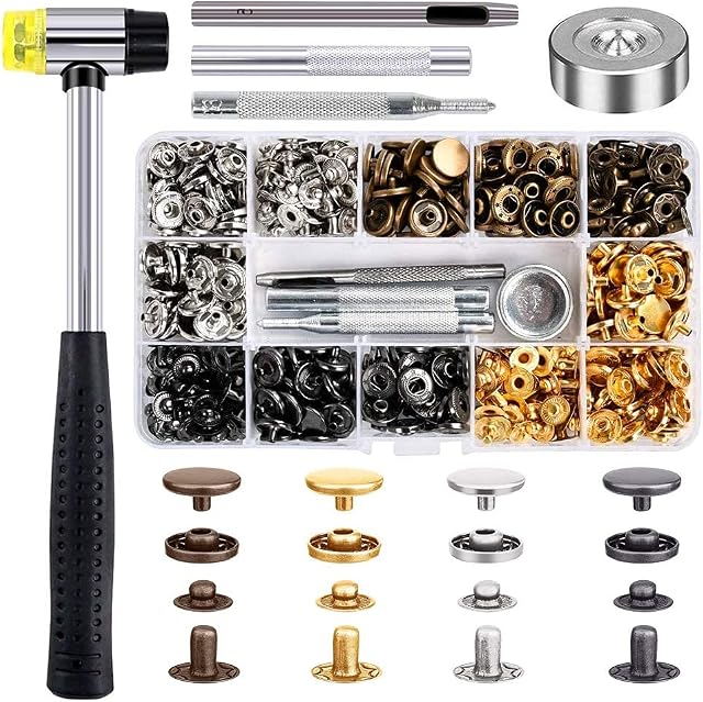 MMOBIEL 120 Pcs Snap Button Kit Snaps Fastener Stainless Steel 4 Colors for Jeans, Jackets, Clothing Incl.  Heavy Duty Punch Hole Pliers and Hammer