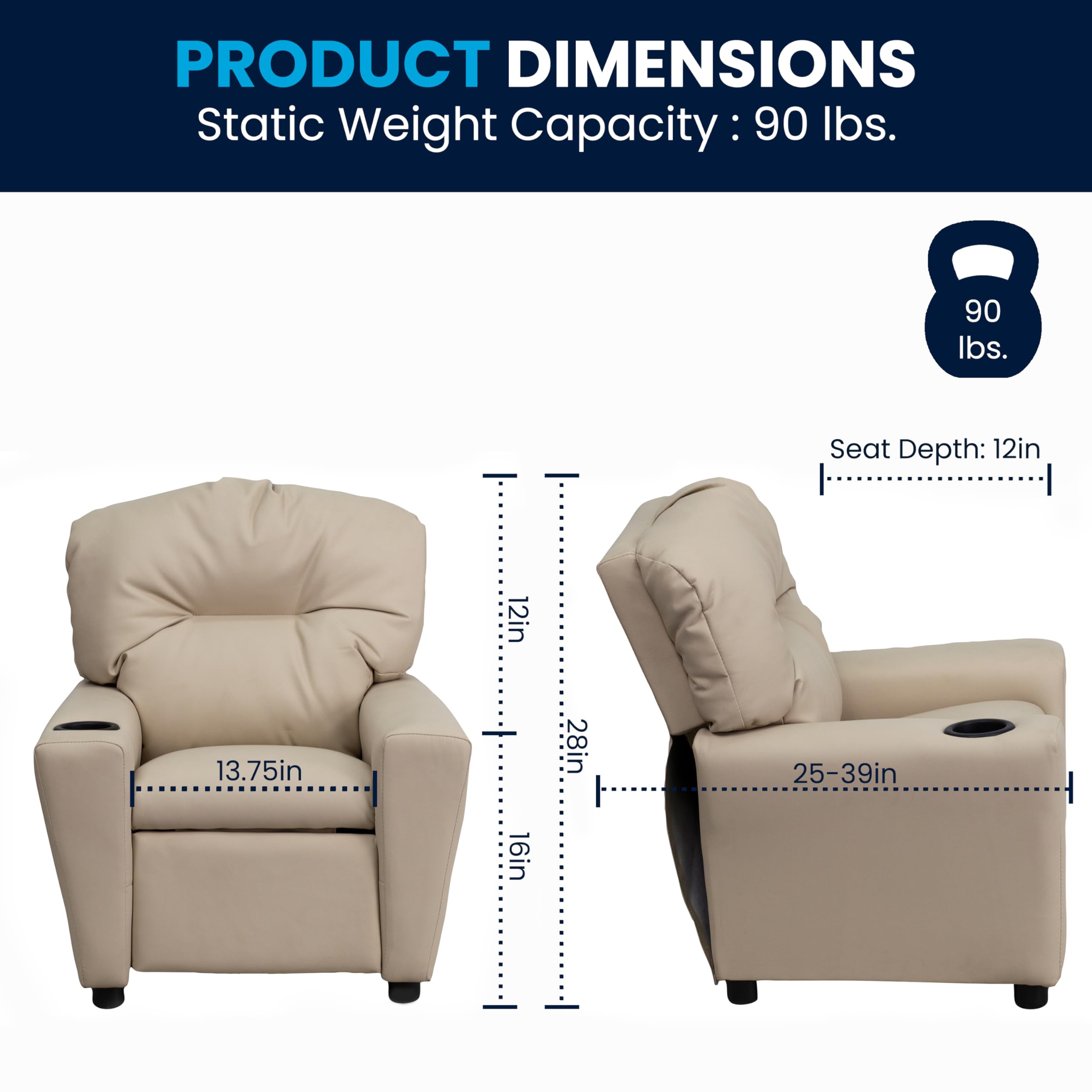 Flash Furniture Współczesny leżak dziecięcy z uchwytem na kubki, drewno, beżowy winyl, 66,04 x 53,34 x 53,34 cm