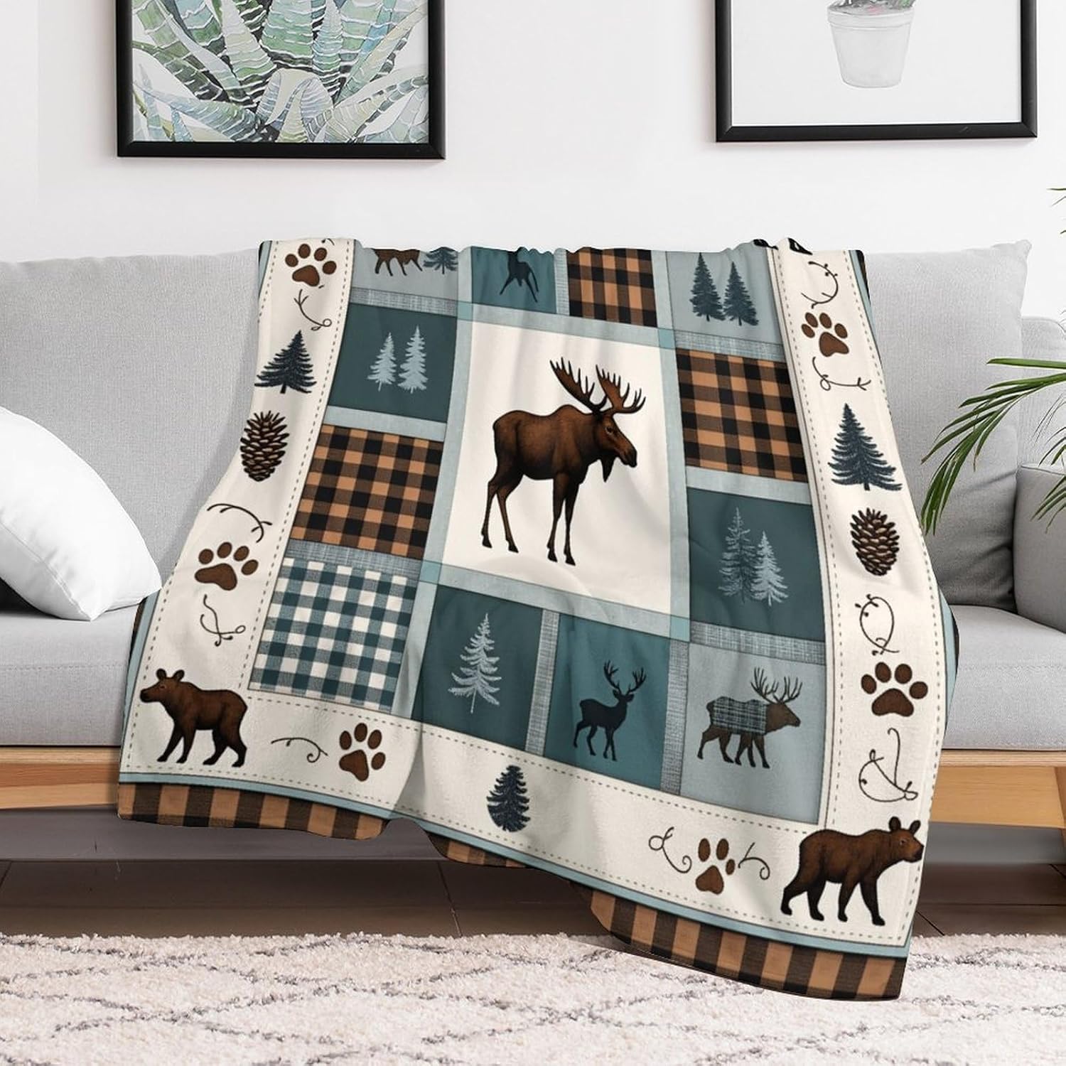 Vintage Checkered Moose Deer Bear Tree Super Soft Throw Blanket, Plaid Pine Cone Brown Flannel Fleece Decorative Throw for Sofa Couch Bedroom Decor Outdoor Use 60"x80"