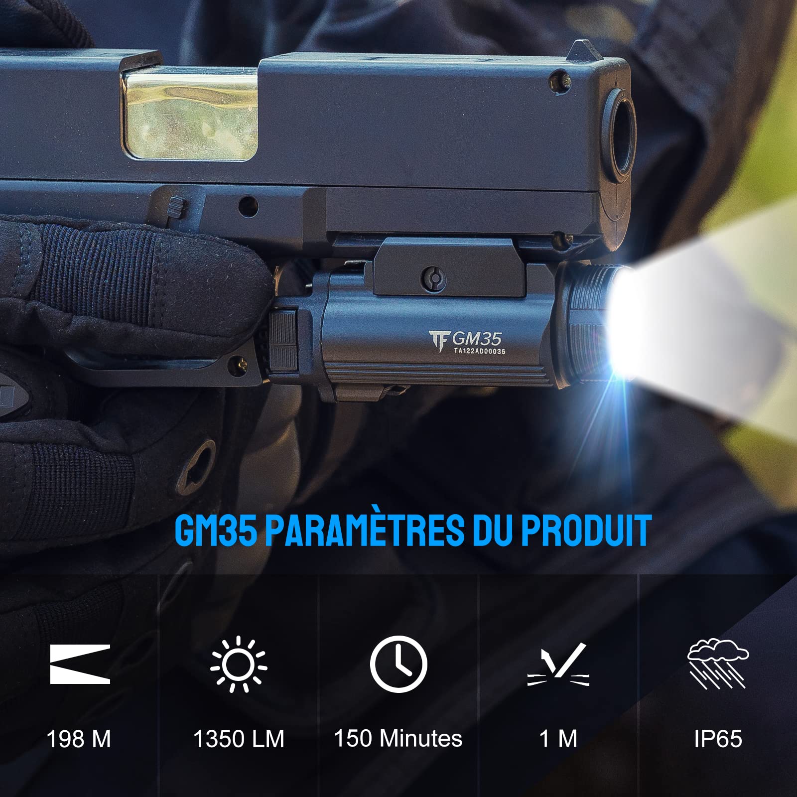TrustFire Lampe Pistolet Tactique, GM35 1350LM LED Lampe Militaire Lumière Allume Lampe de poche à dégagement rapide brillant,Compatible avec Rail Pictinny glock 17/19/20/22