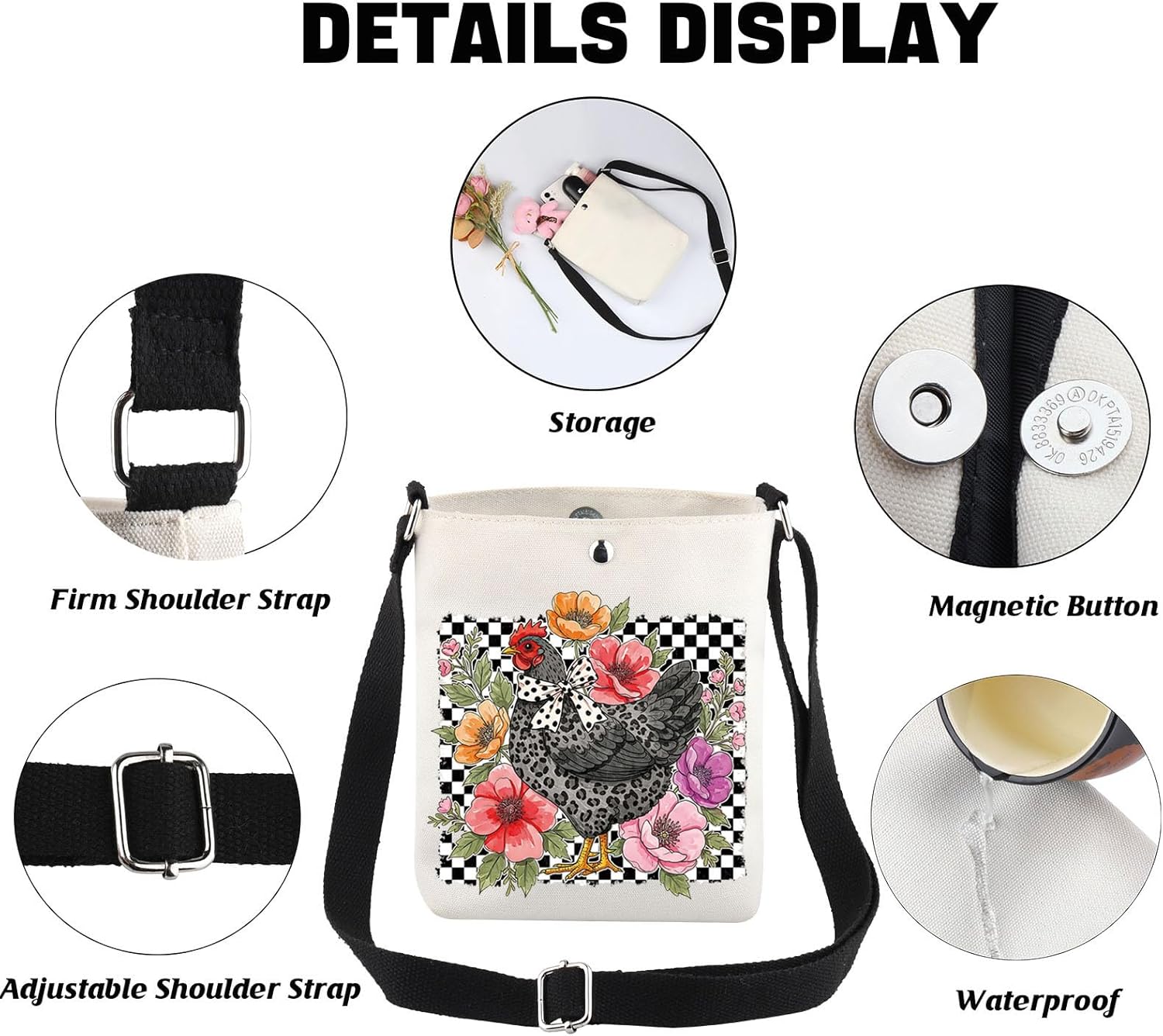 JNIAP Floral Chicken Crossbody Bag Chicken Lover Gift Chicken Mom Gift Wildflower Chicken Shoulder Bag - Image 5