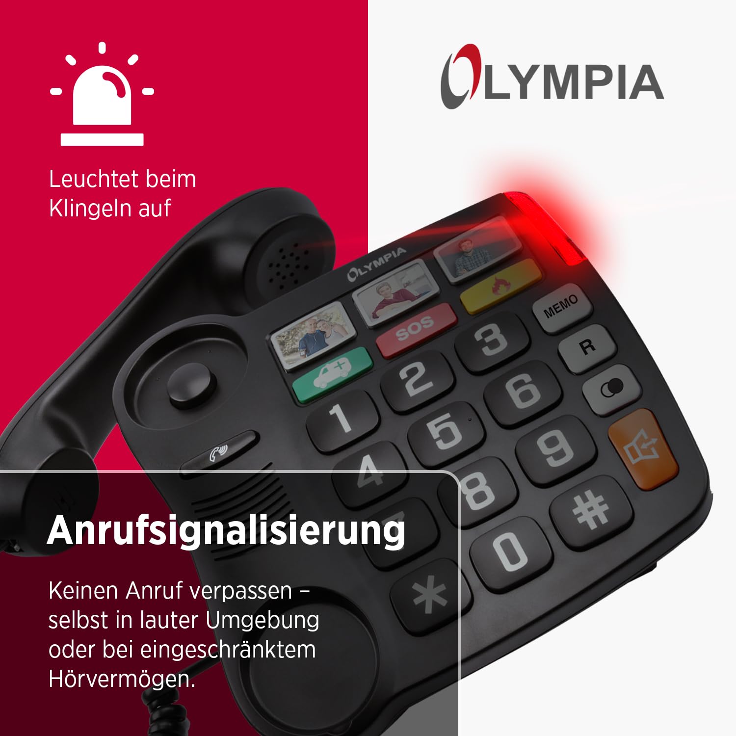 Olympia Großtastentelefon 4500 | Seniorentelefon Festnetz | extra große Wahltasten | Hörgerätekompatibel | Senioren Telefon mit Kabel | 3 Foto-Direktwahltasten | Festnetztelefon mit Schnur | schwarz