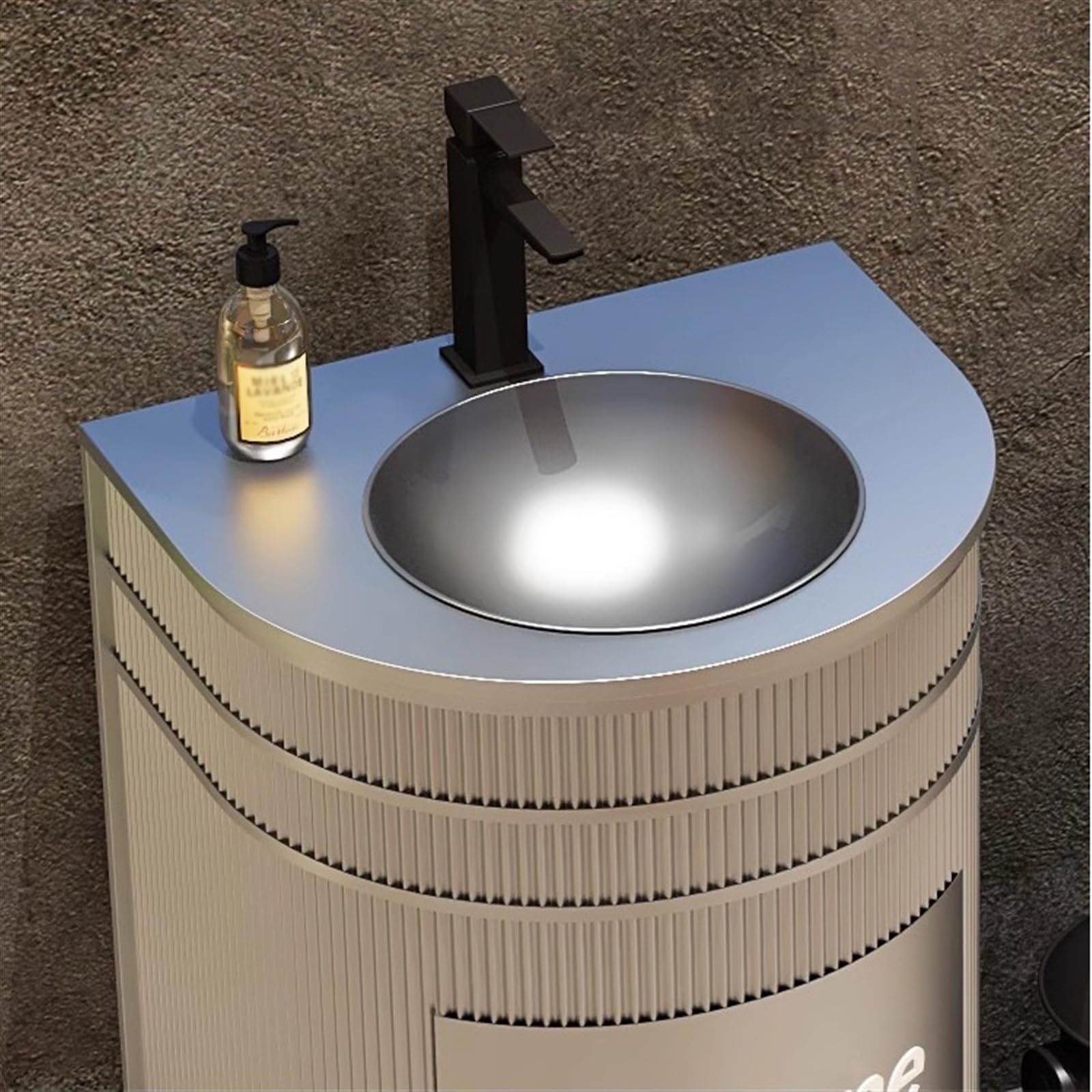 Fregadero de pie independiente con grifo y kit de drenaje, lavabo de metal en forma de D para baño, mueble de tocador de bar de estilo industrial
