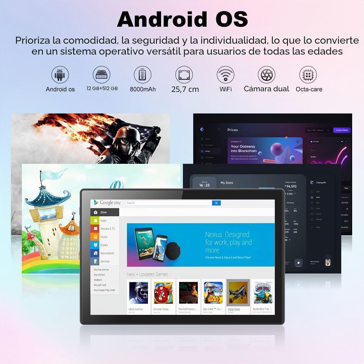 Crelander Tableta Android 13 de 10.1 pulgadas con ranura para tarjeta SIM 4G LTE, 12 GB + 512 GB, batería de 8000 mAh, cámara dual, Bluetooth/WiFi, paquete con funda, teclado, mouse y lápiz capacitivo