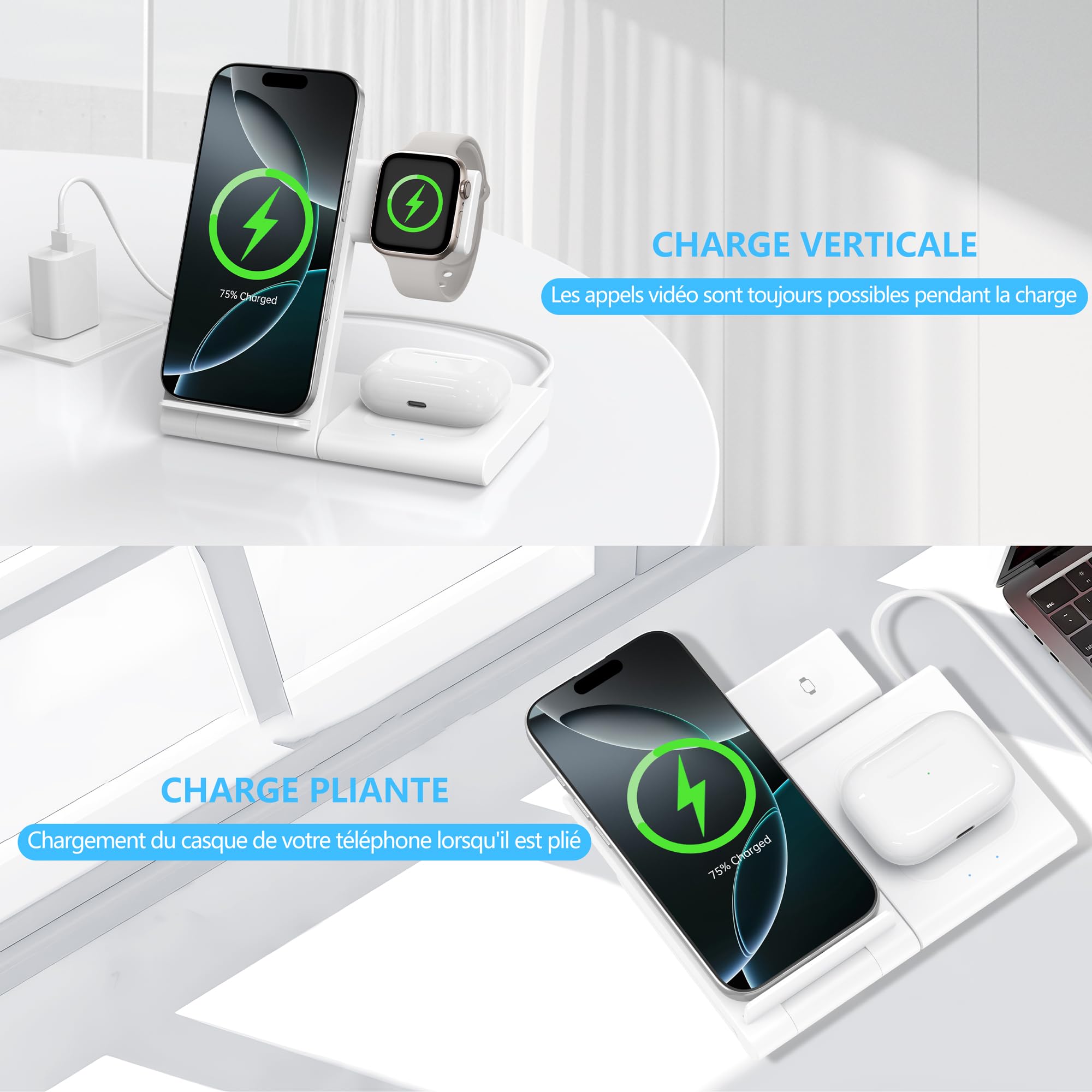 Station de Charge sans Fil 3 en 1 pour iPhone 17/16/15/14/13/12/11 Pro/Max/Plus, Chargeur Rapide à Induction pour Apple Watch Ultra 3/11/10/9/8/7/6, Support de Charge pour AirPods 3/4/Pro 3
