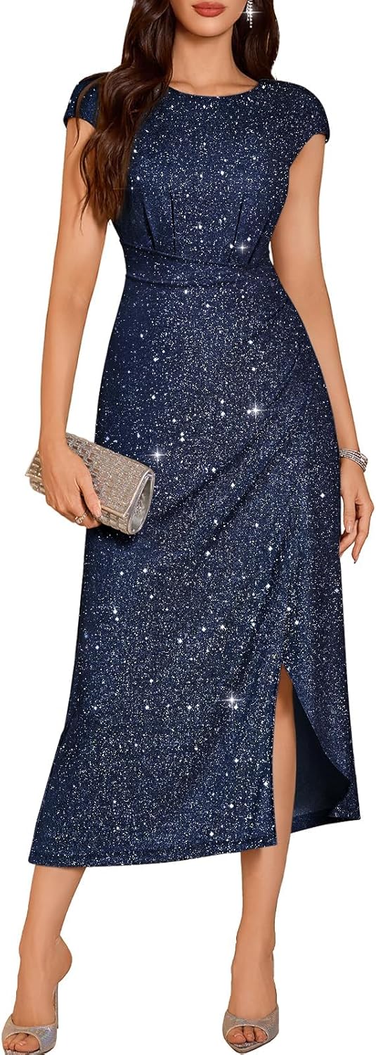 DRESSTELLS Women's Sparkly Formal Wedding Guest Dresses, Sequin Cocktail Party Evening Prom Slit Maxi Dress