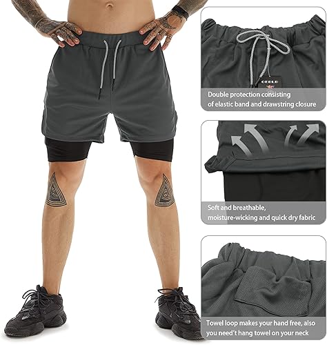 Miniatura 3 de OEBLD - Pantalones cortos deportivos para hombre 2 en 1 para entrenamiento de gimnasio y correr de 7'' con lazo para toalla