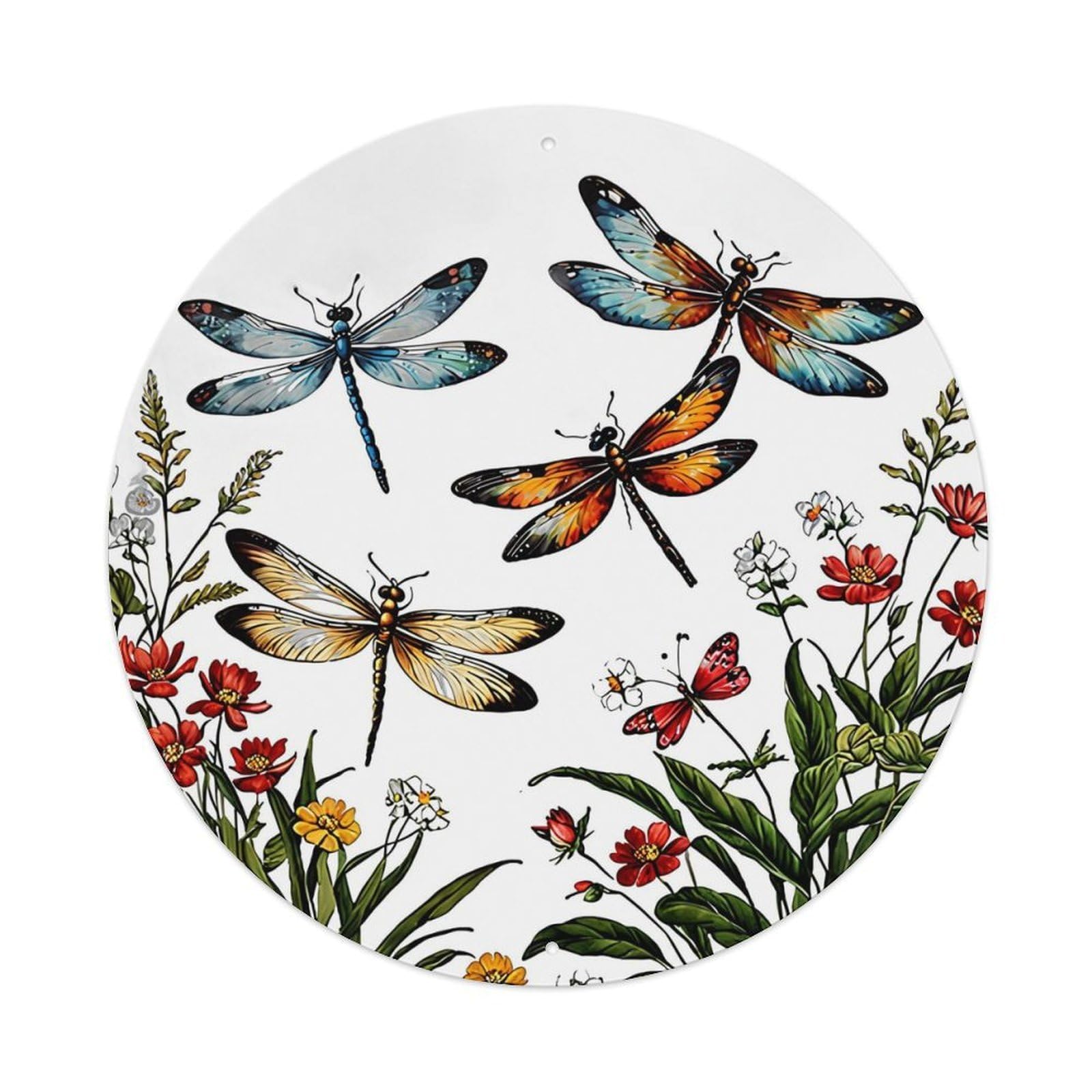 Dragonfly Floral Pattern Print Design Round Metal Tin Sign Vintage Wall Decor, Bar Garage Cafe Kitchen Home Wall Art Poster 8x8inches