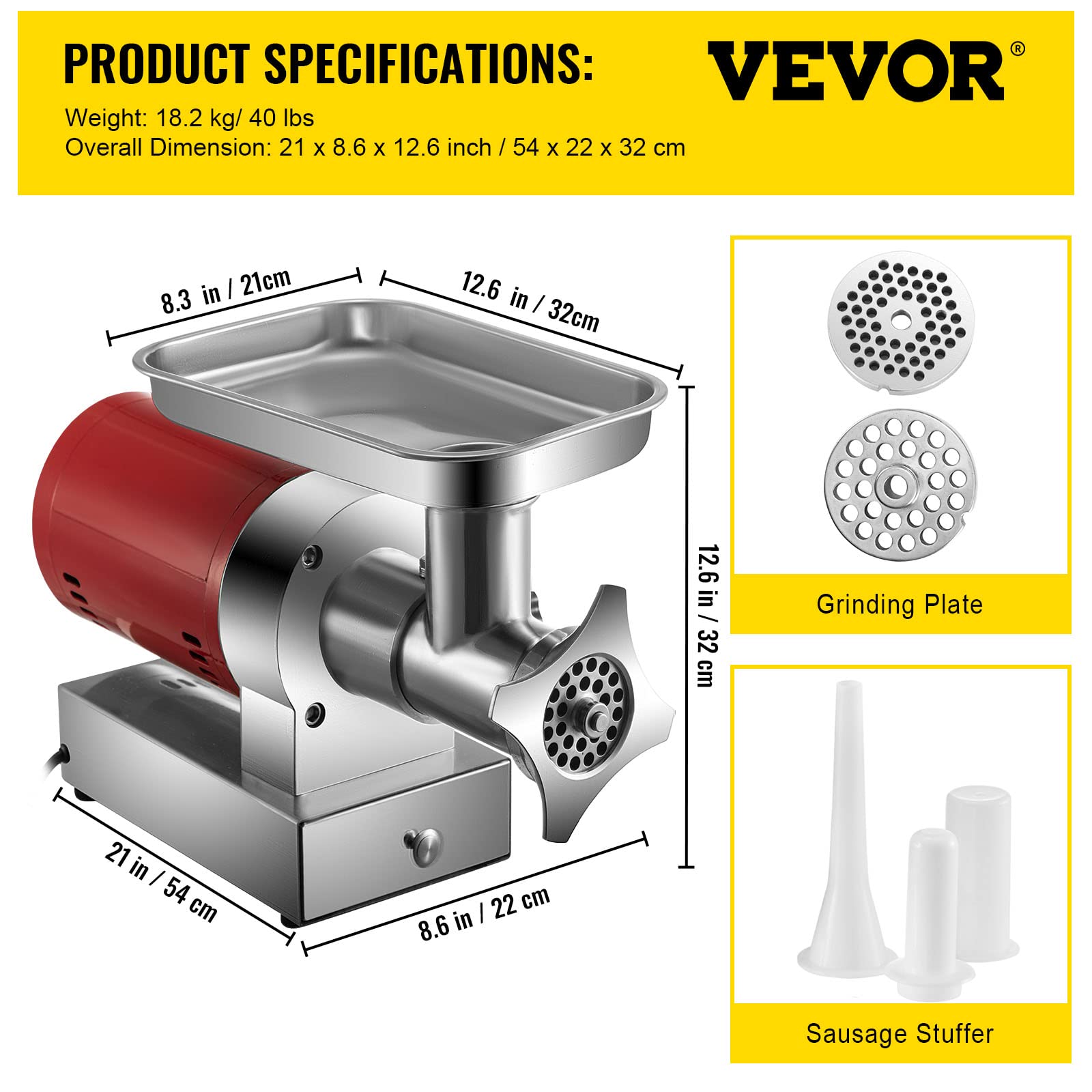 VEVOR Tritacarne Elettrico Efficienza 300kg/min, Tritacarne Industriale da Banco 180giri/min Macchina per Salsicce Piastra di Macinazione, Tritacarne Commerciale in Acciaio Inox Cucina Ristorante