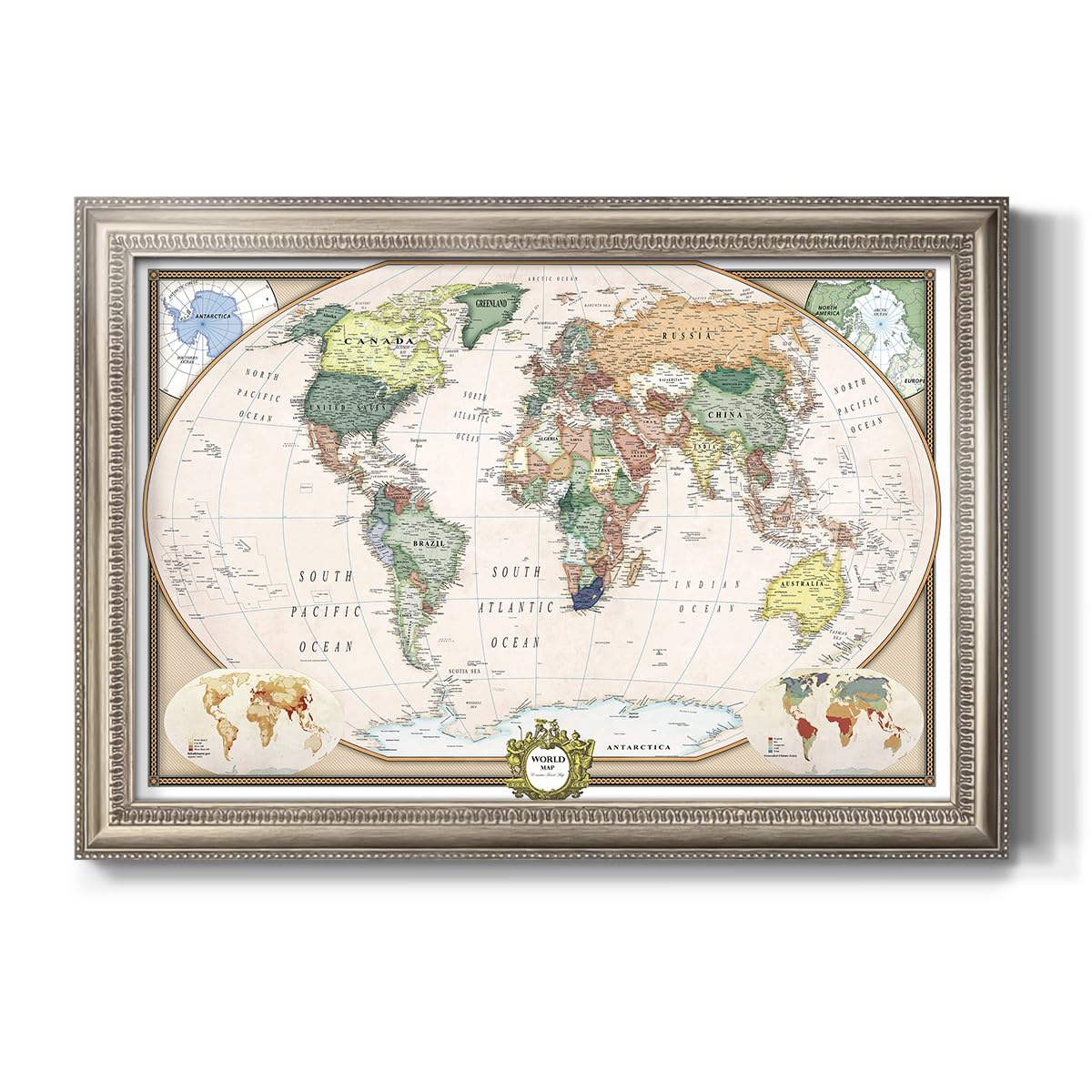 Renditions Gallery Colorful World Map Canvas Wall Art with Vintage Silver Frame Wall Hanging Travel Map with Push Pins for Home, Office, Classroom
