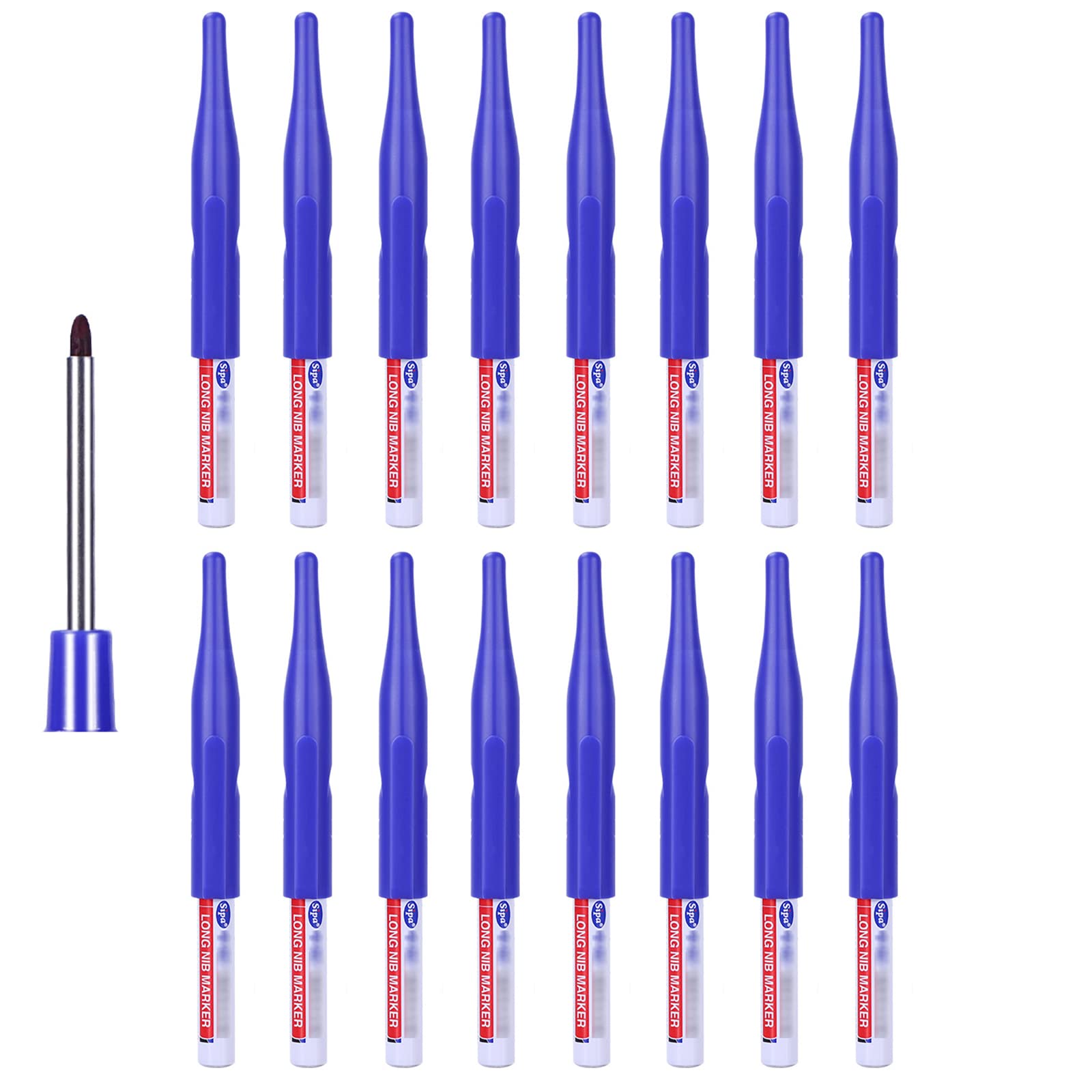 TopHomer Deep Hole Marker Pens, Carpenters Pen, 30mm Extra Long Tip Waterproof Permanent Marker Pens for Marking of Hard to Reach Areas 16PCS Blue