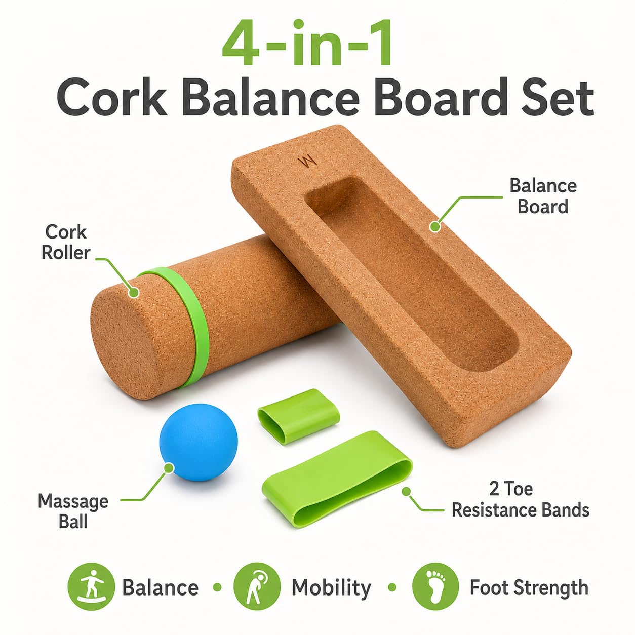 Cork Balance Board 4-in-1 Set with Roller, Massage Ball & Toe Resistance Bands for Foot Strength, Natural Cork,Ankle Stability, Core Muscles & Mobility Training,Compact Wobble Board for Home.