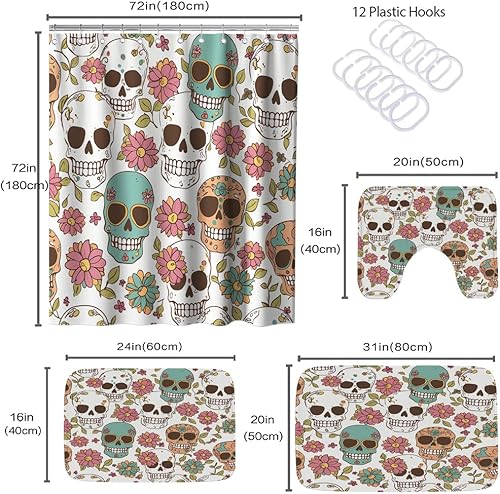 Miniatura 5 de TheBlackSpot Juego de cortinas de ducha con diseño floral de calavera de azúcar de 72 x 72 pulgadas con alfombra de baño de Halloween de espuma