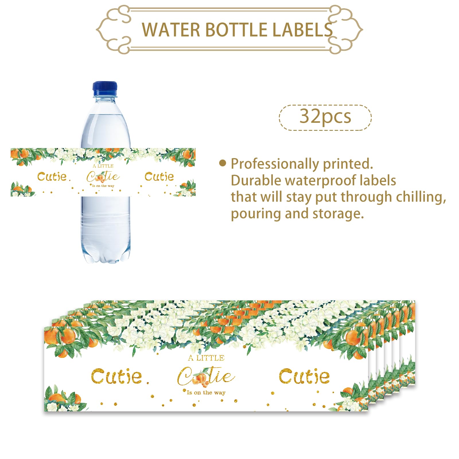32pcs Little Cutie Water Bottle Labels, Orange A Little Cutie is On The Way Water Bottle Stickers for Baby Shower, Cute Orange Theme Bottle Labels, Gender Reveal/1st Birthday Party Decoration