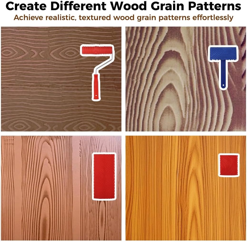 Wood Grain Patterns Tool Set, Wood Graining Tools with Handle, 4 Pcs DIY Rubber Wood Grain Decorating Tool for Floors, Walls, Furniture, Decks