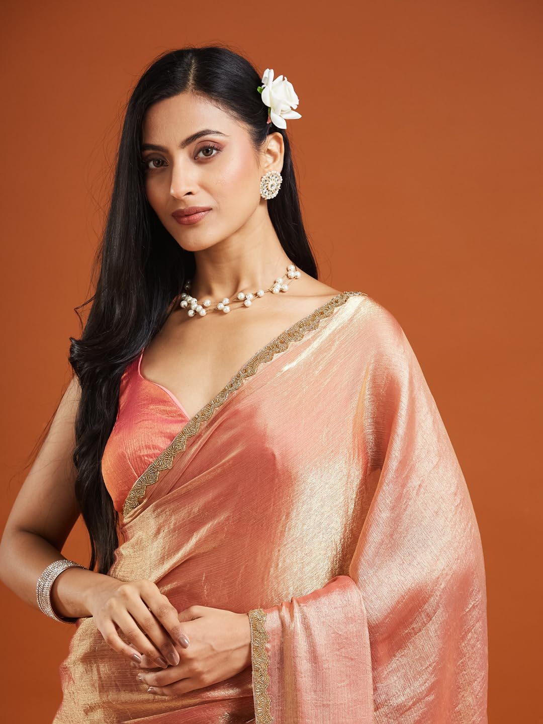 LOROFY Women's Chiffon Two Tone Saree (With Blouse) (Orange) - Image 4 thumbnail